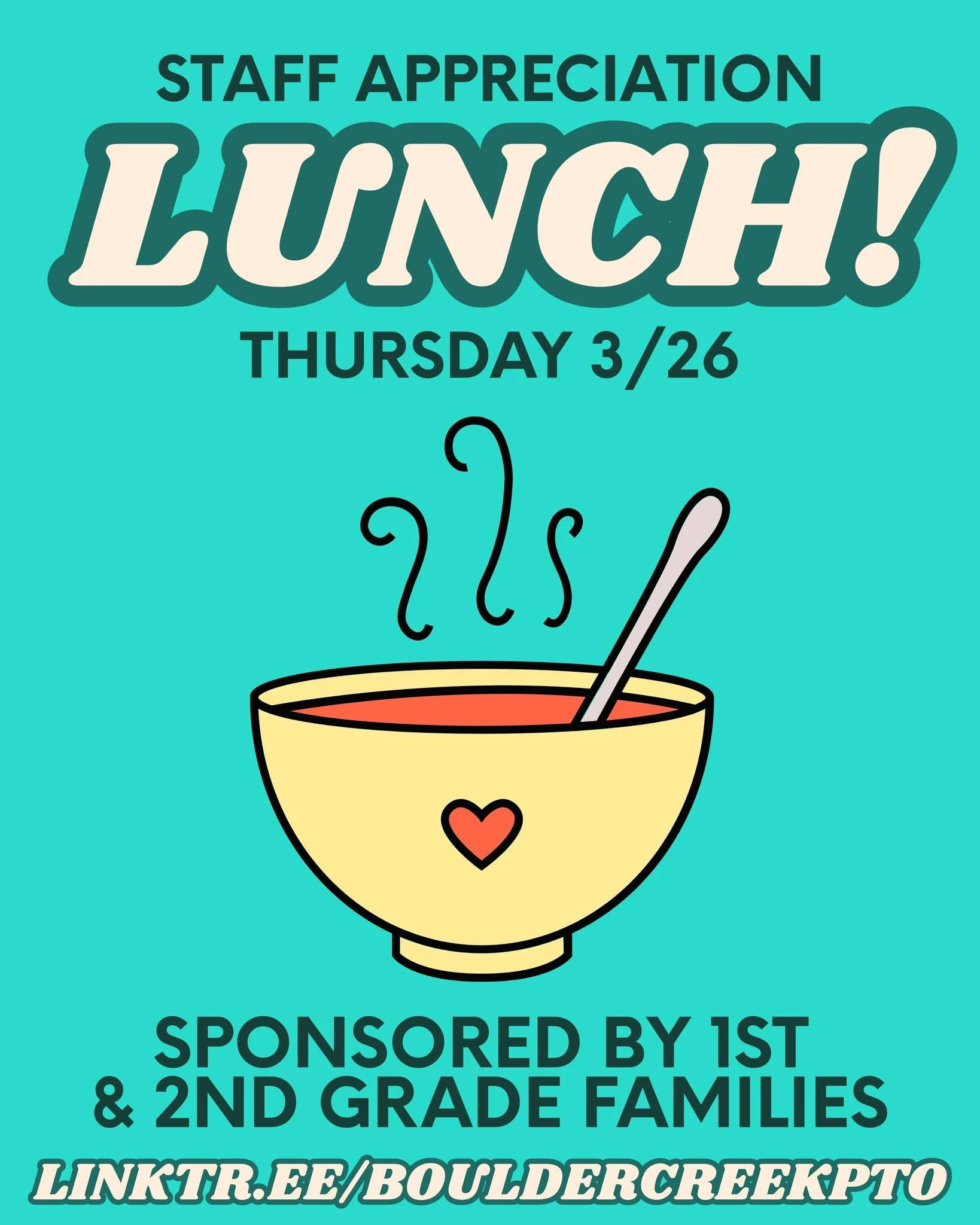 The March Staff Appreciation Lunch is sponsored by first and second grade families! Help us treat our teachers by signing up to contribute! 🐾

🔗 Link in bio!