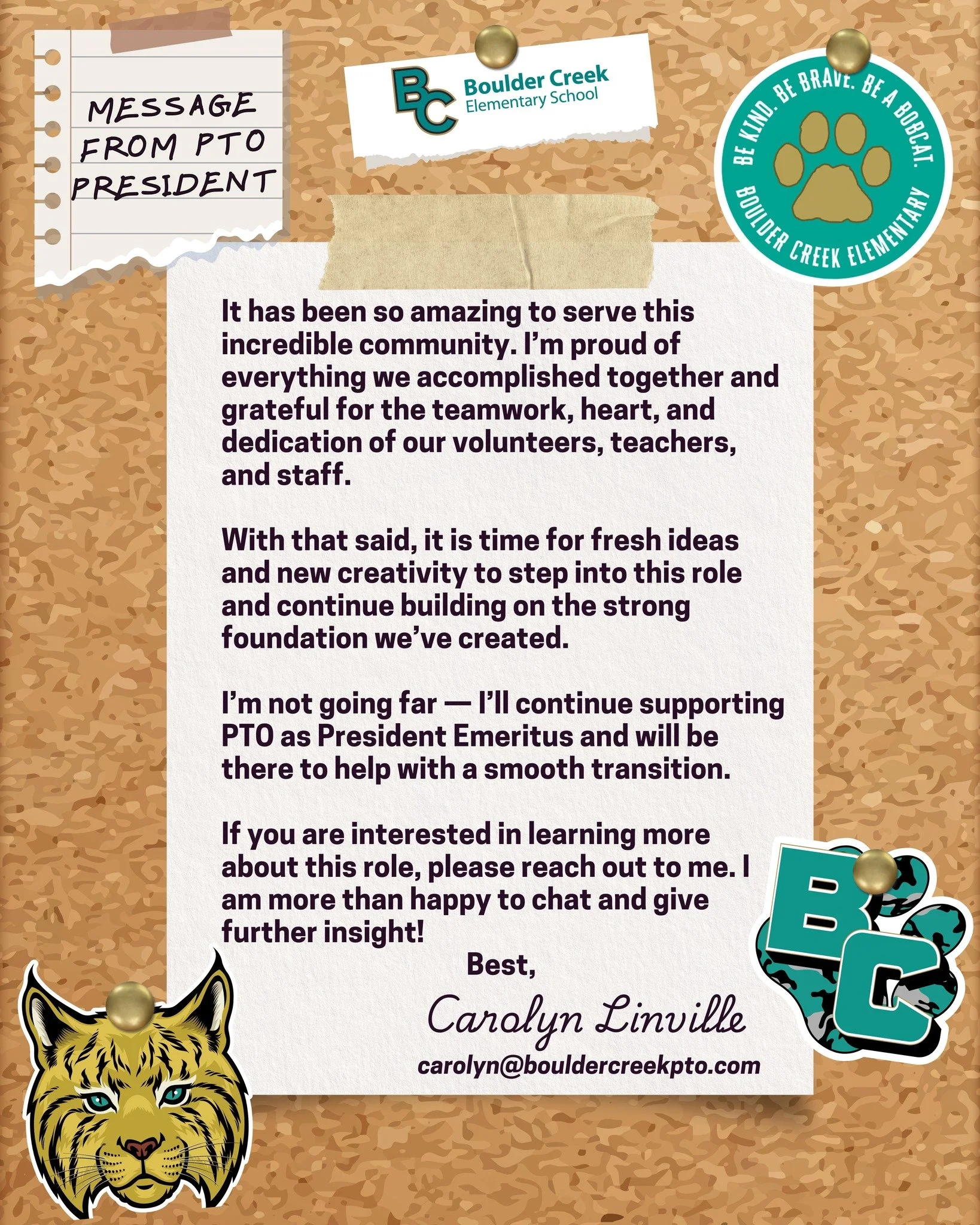 A Message from Our PTO President (see attached image) 🐾

There truly aren&rsquo;t enough words to express our gratitude for the heart, time, and leadership Carolyn has poured into Boulder Creek. Our community is better because of her faithful servic