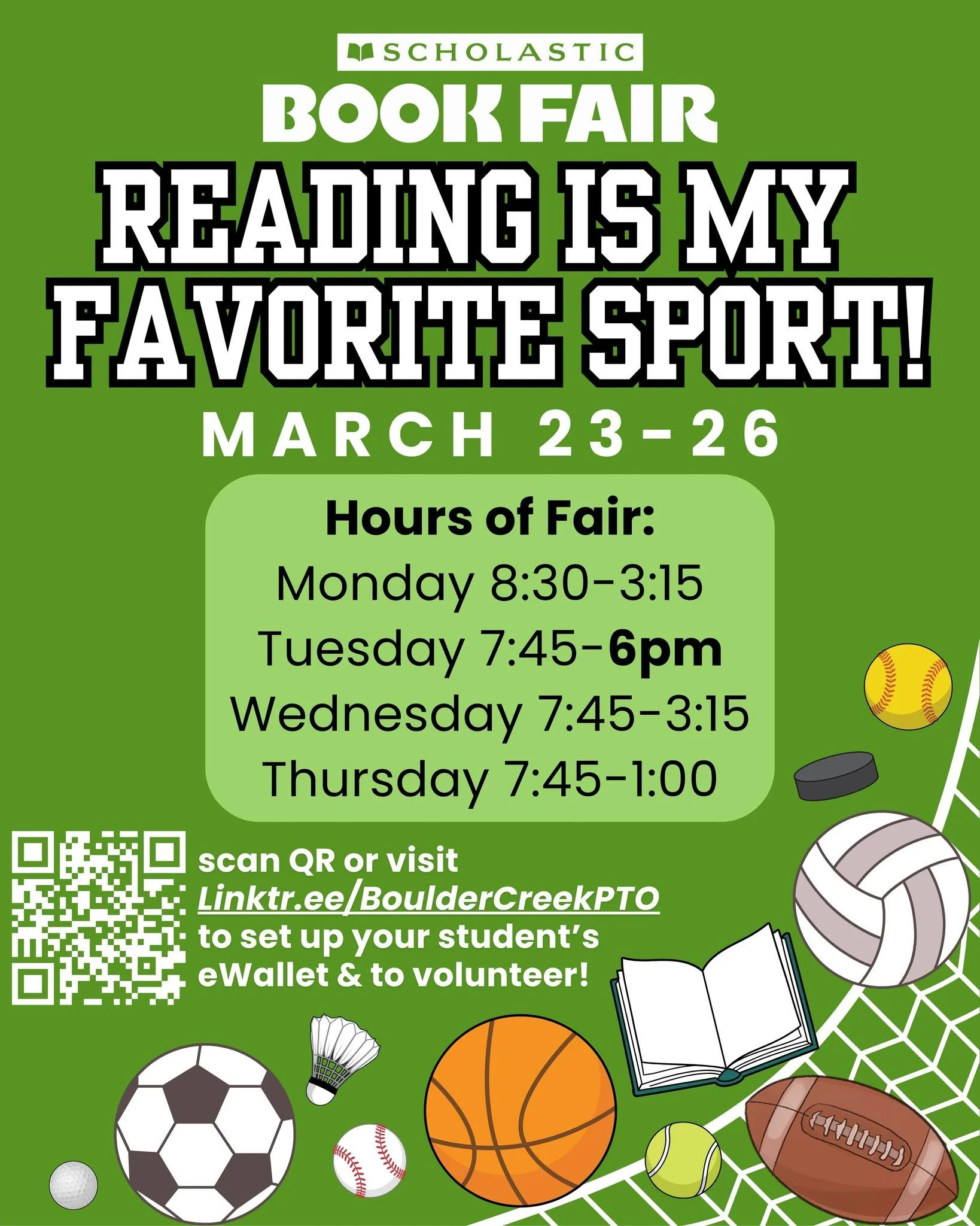 Mark your calendars! The Spring Book Fair is just around the corner! 📚

VOLUNTEERS NEEDED! Visit Linktr.ee/BoulderCreekPTO to help out! 🐾