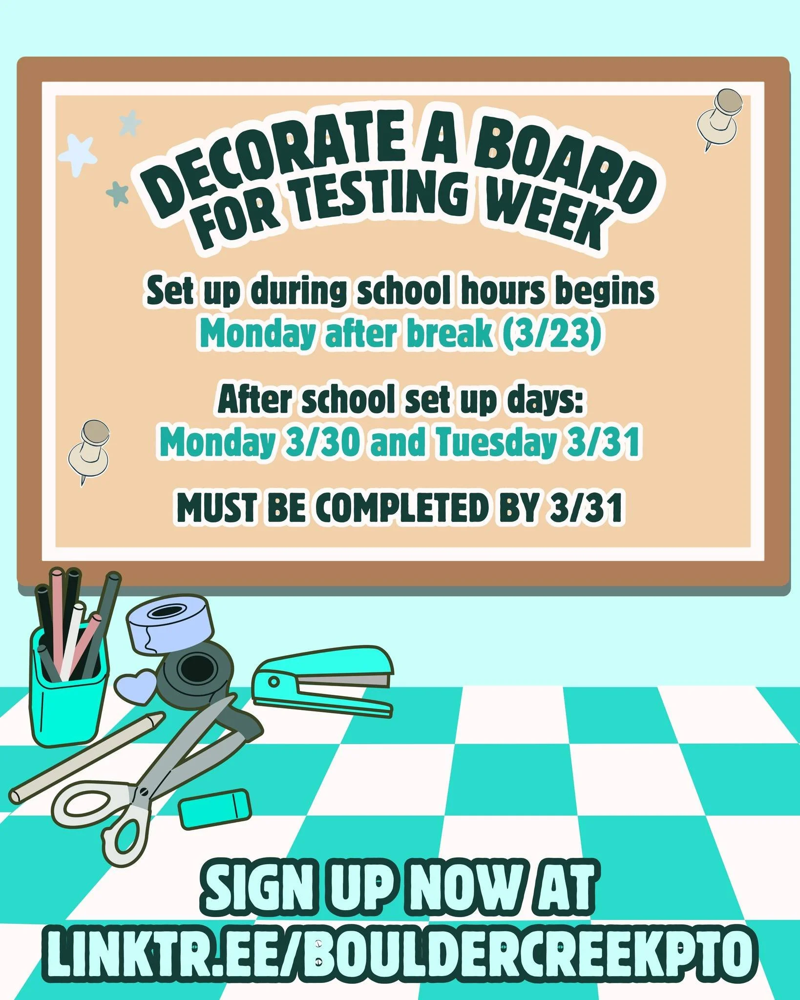 Testing week is coming up! 📝 We are looking for some crafty parents to brighten our hallways with fun and encouraging bulletin boards for our Bobcats! 🐾 🖍 🎨 

Sign up now at Linktr.ee/BoulderCreekPTO
