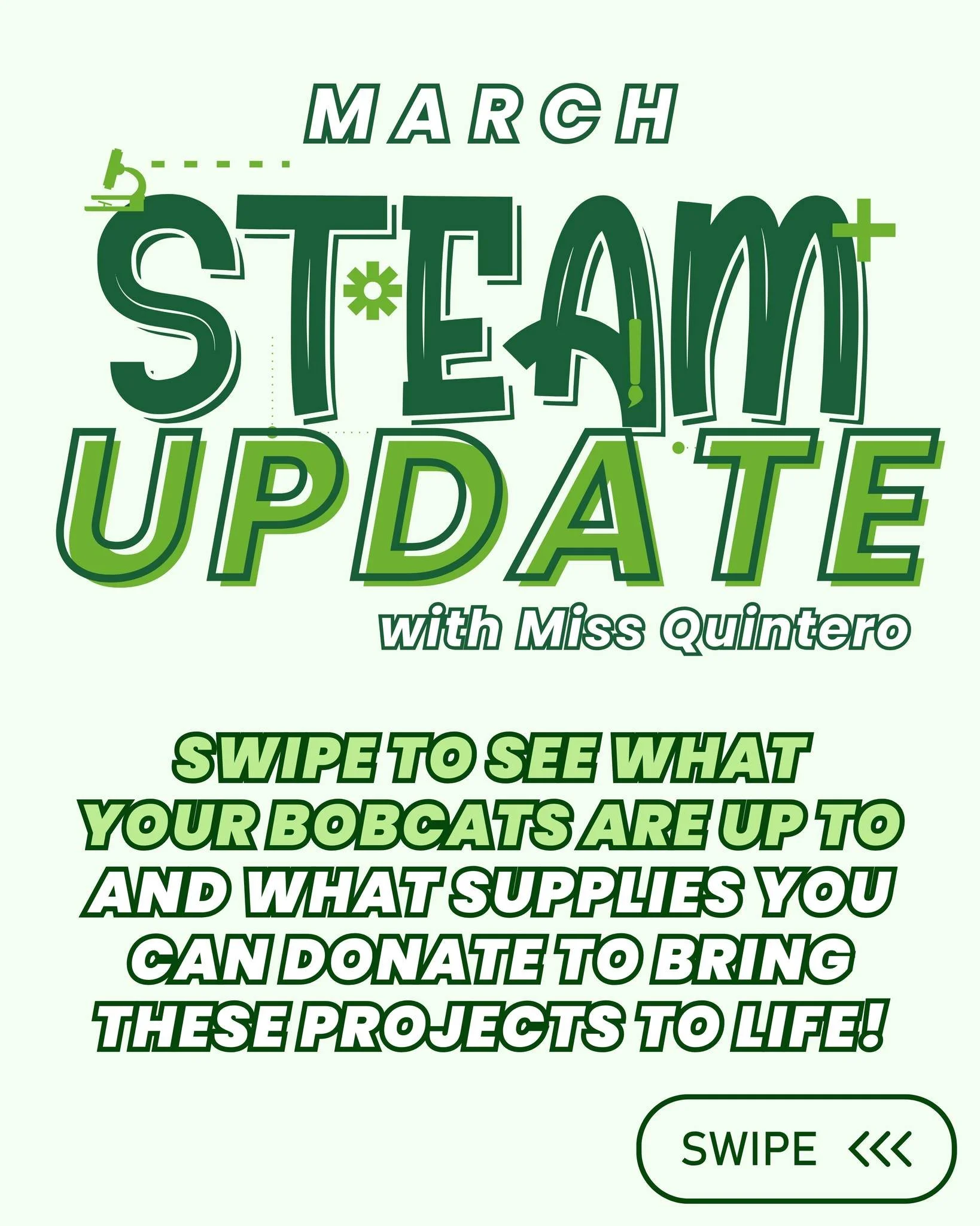 March STEAM update! 🍀
Swipe through to see what your Bobcat is up to this month and how you can support their projects with recyclables and other supplies you may already have lying around! ♻️