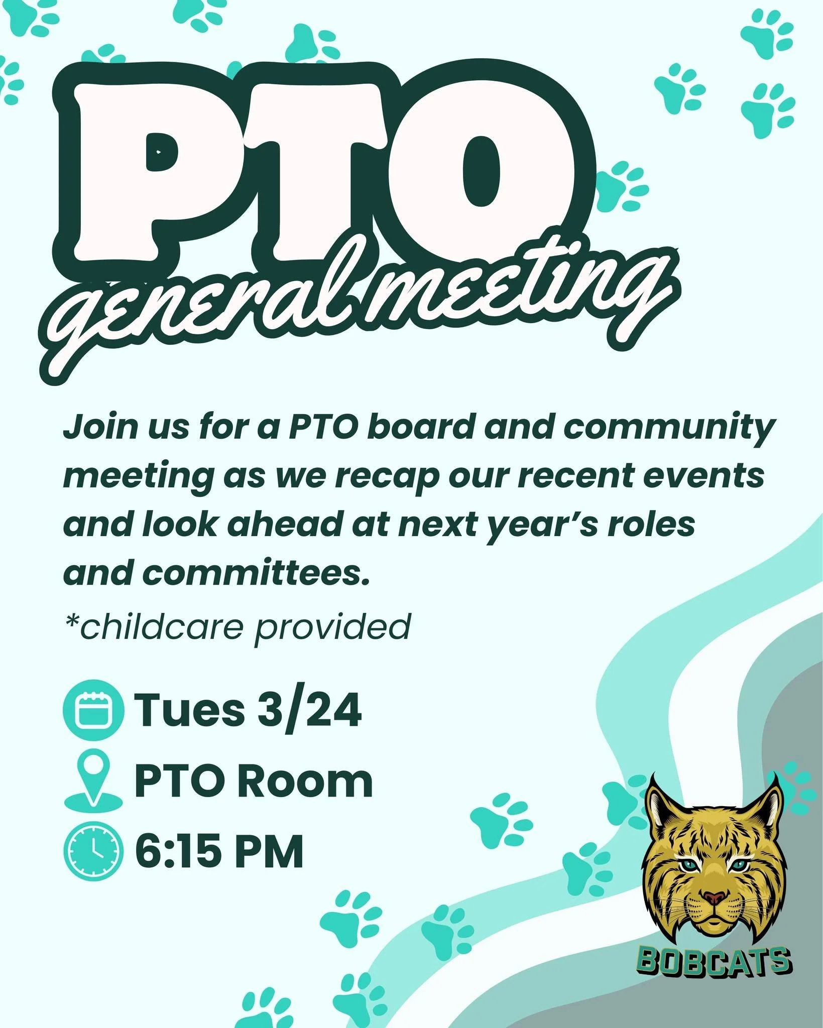 Join us for a PTO meeting to recap our recent events and look ahead to next year's roles and committees. 🐾
**Childcare provided 

🗓 Tuesday 3/24
📍 PTO Room
⏰ 6:15-7:15pm
