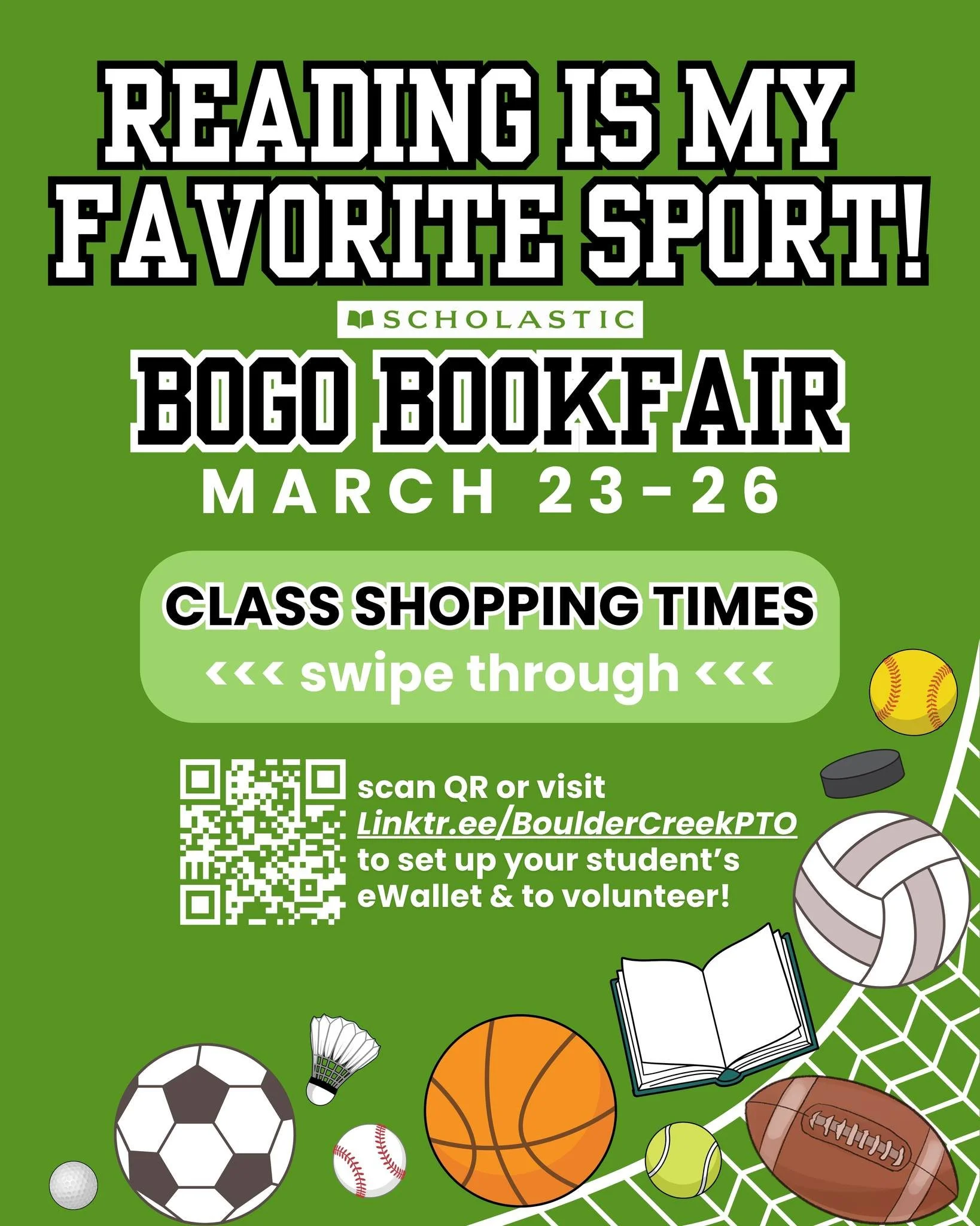 VOLUNTEERS NEEDED! 🙋&zwj;♀️

BOGO Book Fair begins on Monday! Swipe through to find your Bobcat's class shopping time.📚🐾

You may sign in through the library to shop with your child during their designated time, shop before/after school, or send t