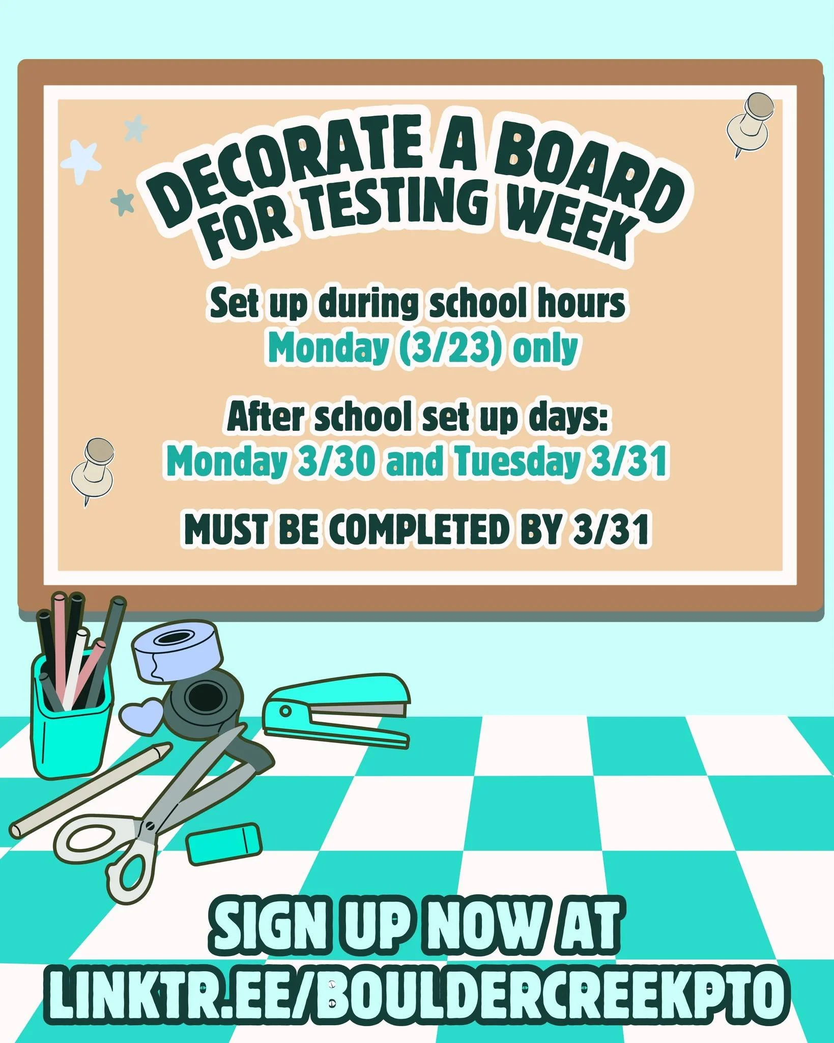 Testing week is coming up! 📝 We are looking for some crafty parents to brighten our hallways with fun and encouraging bulletin boards for our Bobcats! 🐾 🖍 🎨 

During school hours today only, and after school on 3/30 and 3/31 until 4pm!

Sign up n
