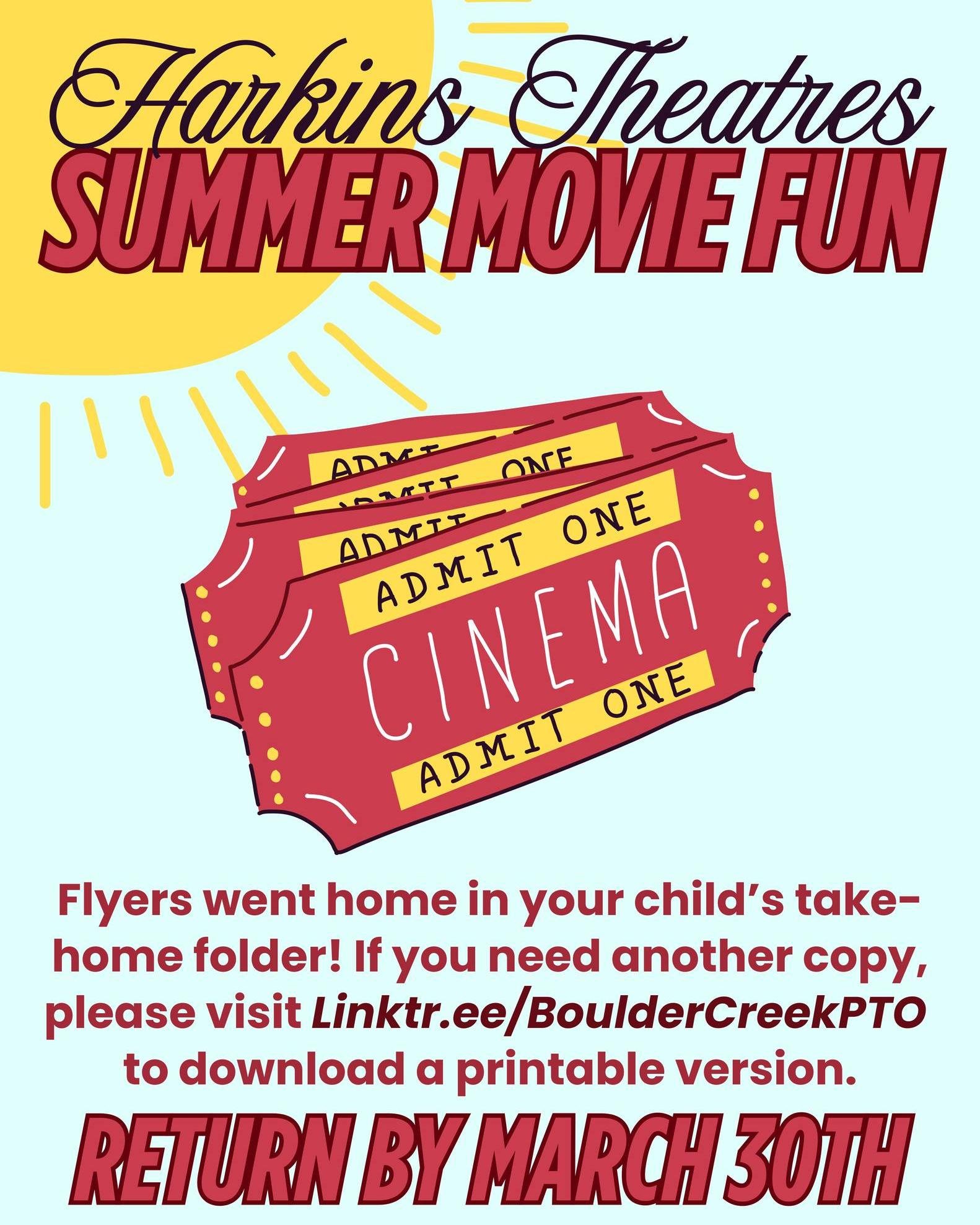 It's that time of year again! The forms for Harkins Summer Movie Fun were given to teachers to send home in your child's folder. Please fill out and return by Monday, 3/30! 🎬 🍿 🎥 

If you did not receive a form, you can print one out at the link i