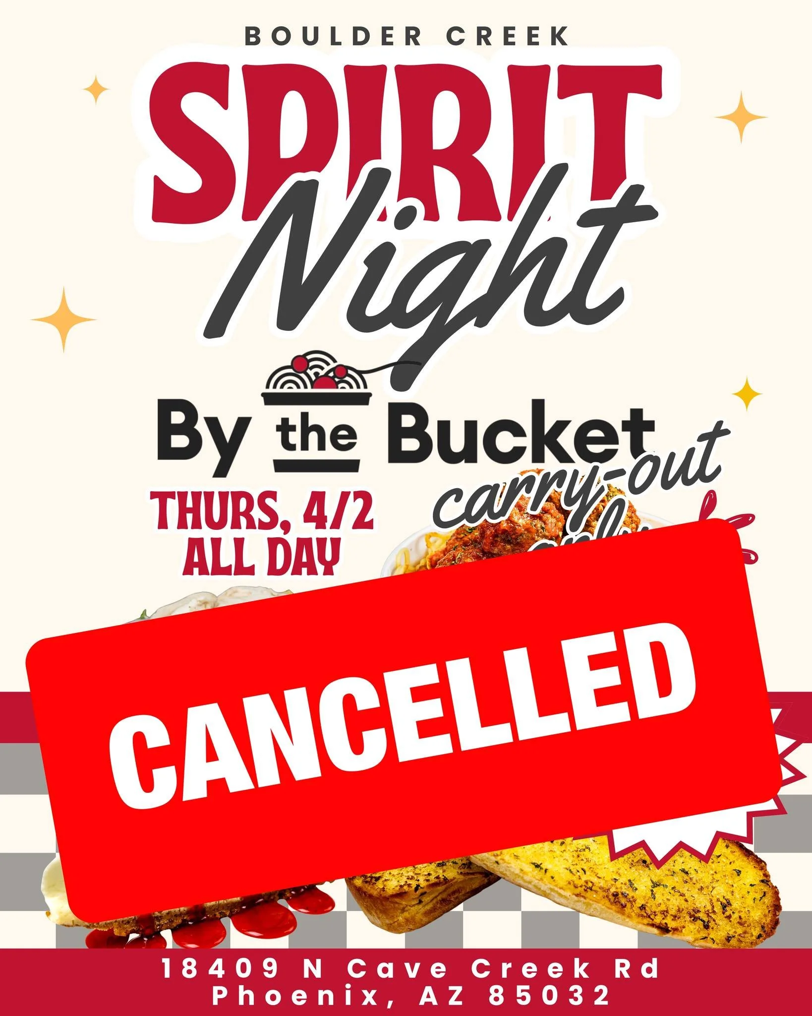 NOTICE! Spirit Night this Thursday is CANCELLED.

We apologize for any inconvenience in changed plans! We are looking forward to the next one on 4/25 &ndash; Details to come!🥤👀