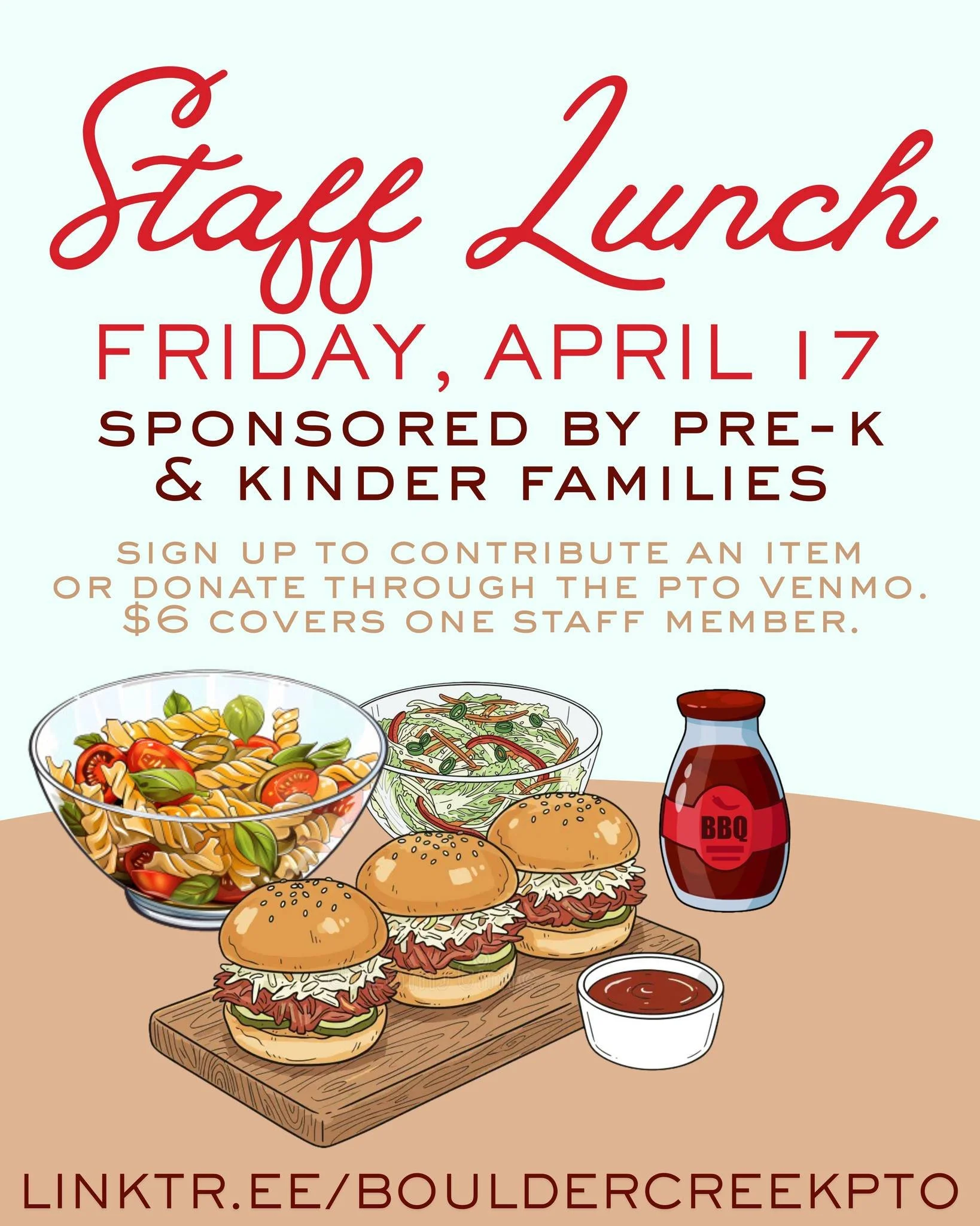 Staff Appreciation Lunch is THIS Friday! 🍽 🐾

Help us treat our amazing BC team by donating an item or two, or by covering a staff member's lunch through the PTO Venmo!

🔗 Link in bio!