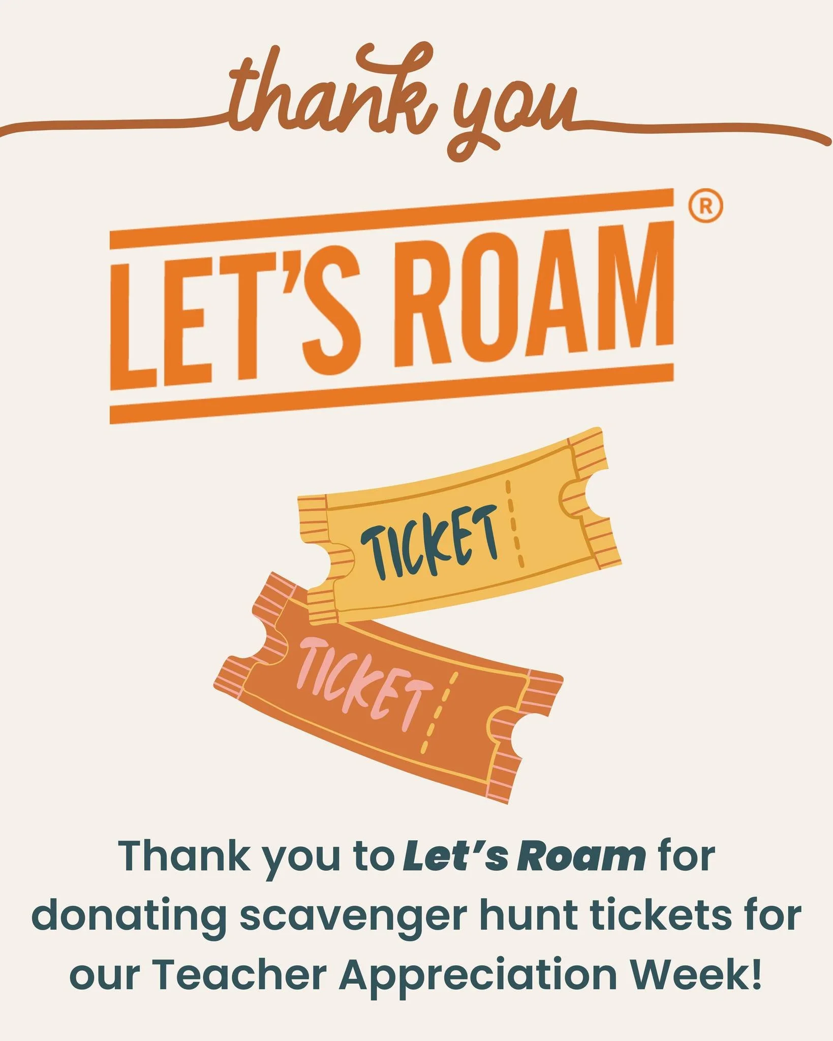 Thank you to Let&rsquo;s Roam for the generous donation of scavenger hunt tickets for Teacher Appreciation Week raffle! 🍎

Your in-kind donation will help us celebrate and spoil our amazing staff! We&rsquo;re so grateful! 🐾

https://www.letsroam.co