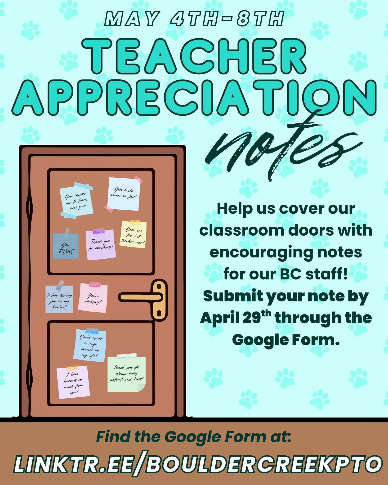 Teacher Appreciation Week is May 4th-May 8th! 🍎 🐾

Help us cover our classroom doors with encouraging notes from students and parents!

Please submit your notes by 4/29 using the Google Form linked in our bio. 🔗