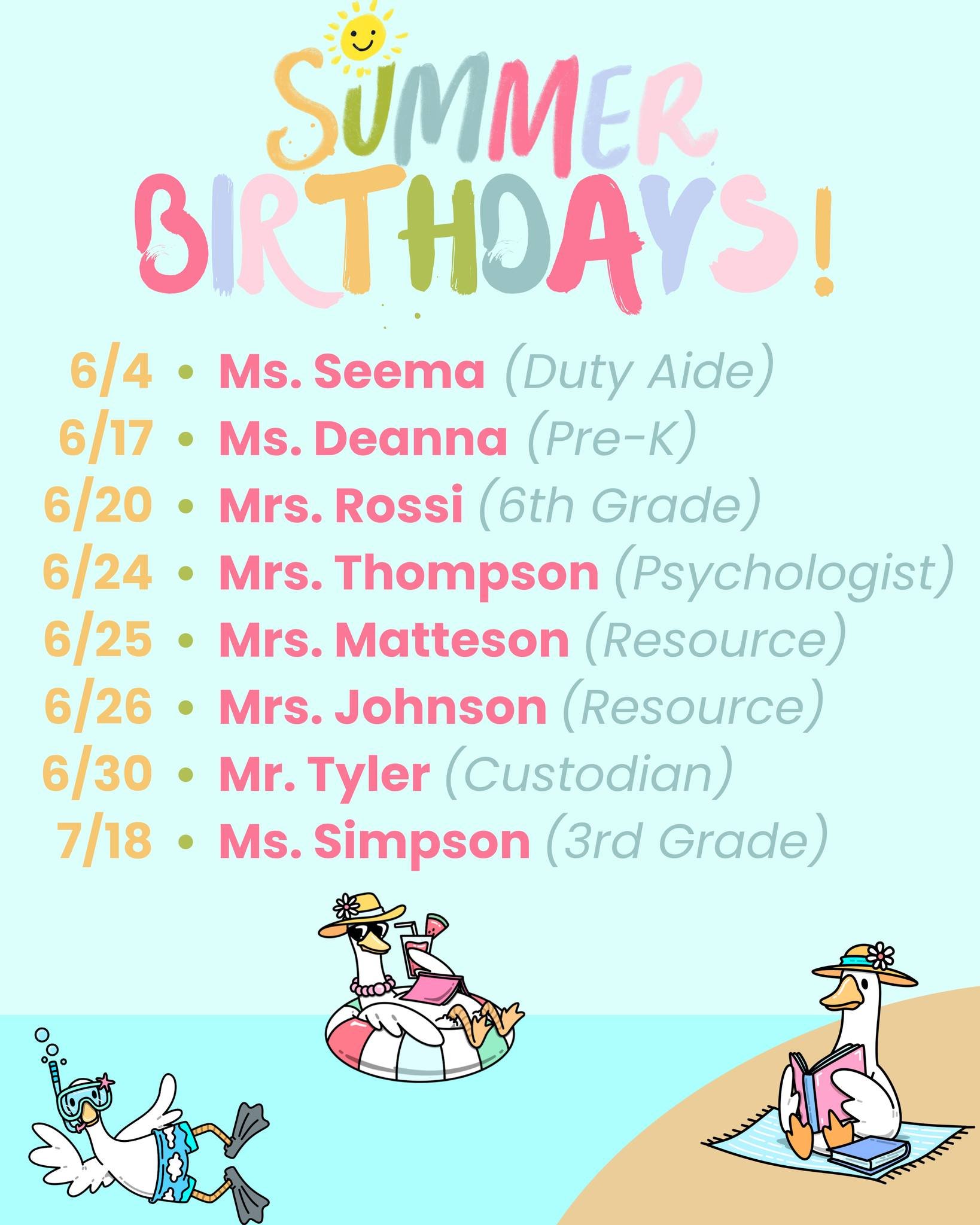 Happy birthday to our BC staff born in June &amp; July! 🎉 🎂
Thank you for pouring into our Bobcats this year! We hope you enjoy the well-deserved summer break! 😎 🏖 🍧 🌴