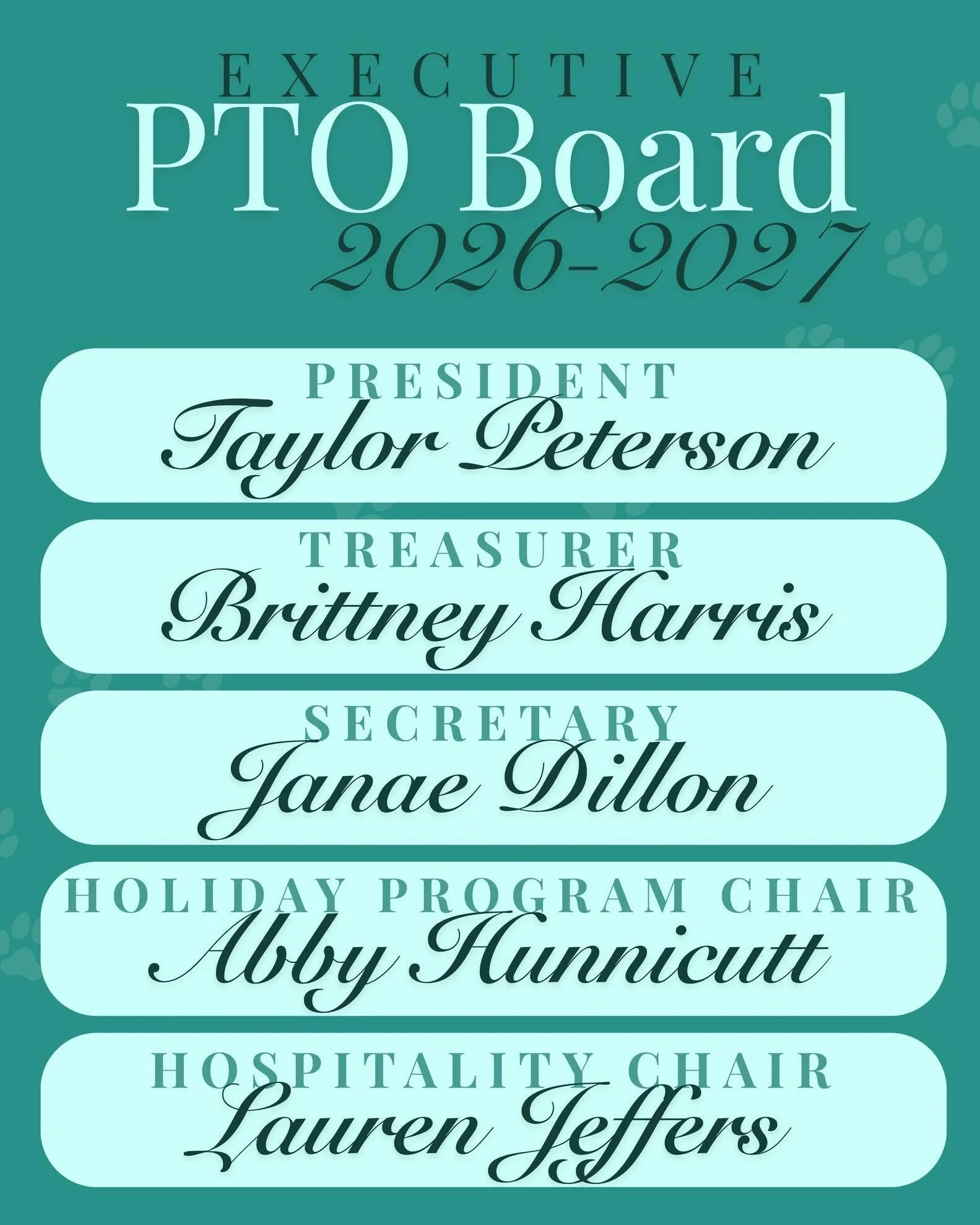 Presenting our 2026-2027 executive PTO board! 🐾
This year was such a success, and we are so excited for what's in store with these gals picking it up and leading the way!
