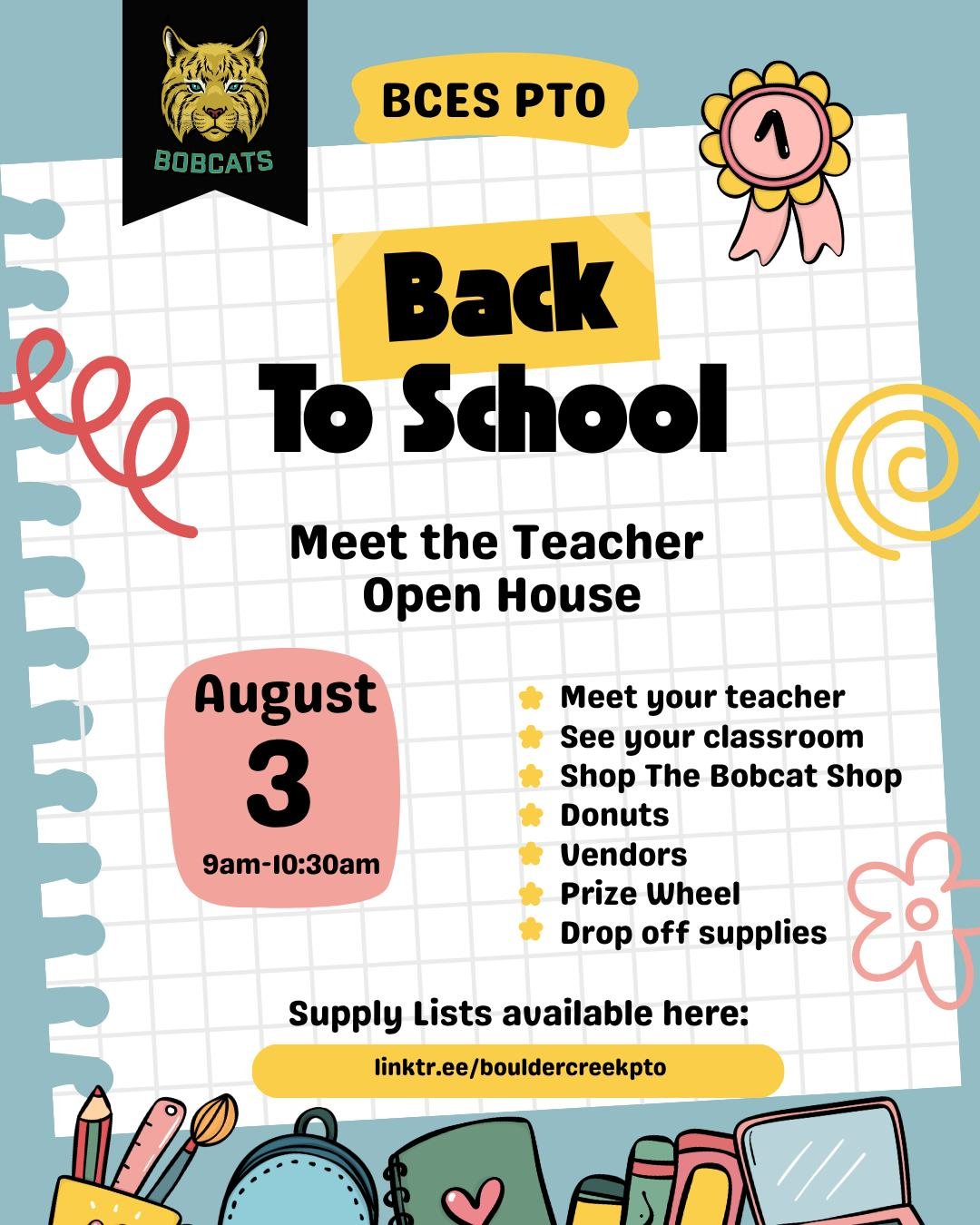 We can't wait to welcome our Bobcat families back to campus! 
Join us at Meet the Teacher:
📅 Date: August 3 ⏰ Time: 9:00&ndash;10:30 AM
Supply lists available at link in bio
