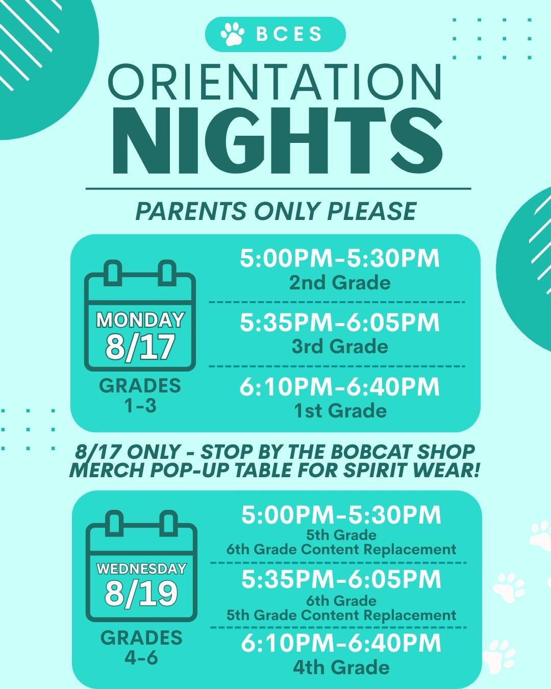 Mark your calendars! This is a great opportunity for parents to meet with your child's grade-level teachers, learn about classroom routines, curriculum, expectations, and get a preview of the exciting year ahead. PLUS The Bobcat Shop will be there 8/