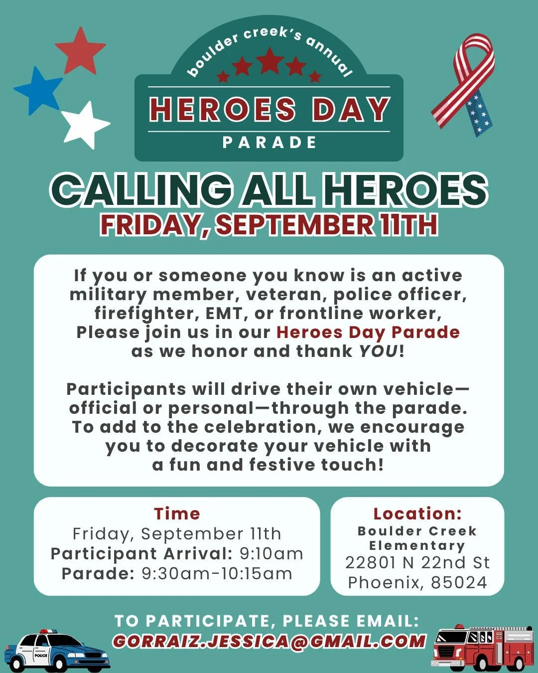 CALLING ALL HEROES! 
Our annual Heroes Day Parade is coming up, and we want to fill the parade route with the incredible people who serve and protect our community.
Know a military member, veteran, first responder, or frontline hero? Share this and h
