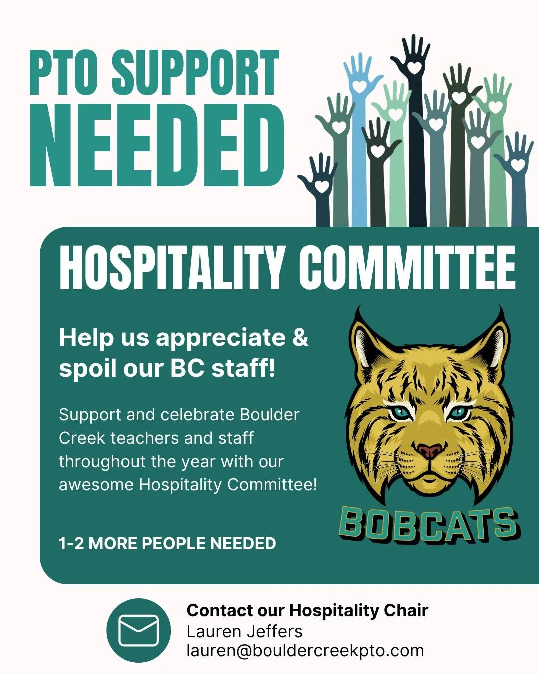 Our Hospitality Committee is looking for just 1&ndash;2 more volunteers to join the team!

If you love helping our teachers and staff feel appreciated, this is a great way to get involved!

Interested? Email Lauren@bouldercreekpto.com