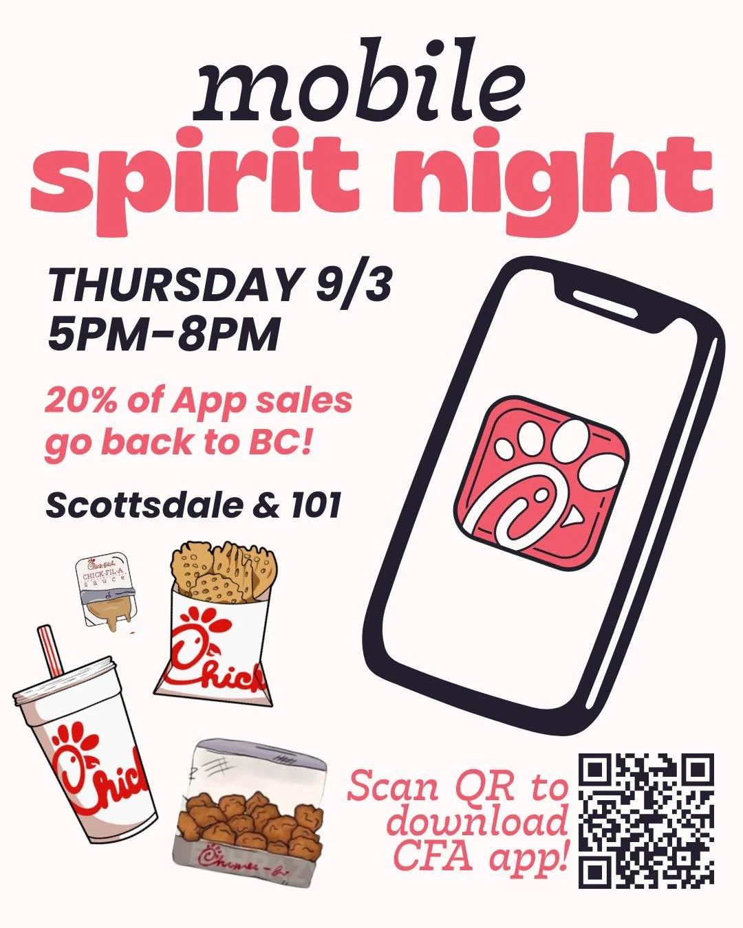 Thursday, 9/3...dinner plans are made! Place your orders via CFA app and you get a meal made and BC gets 20%!