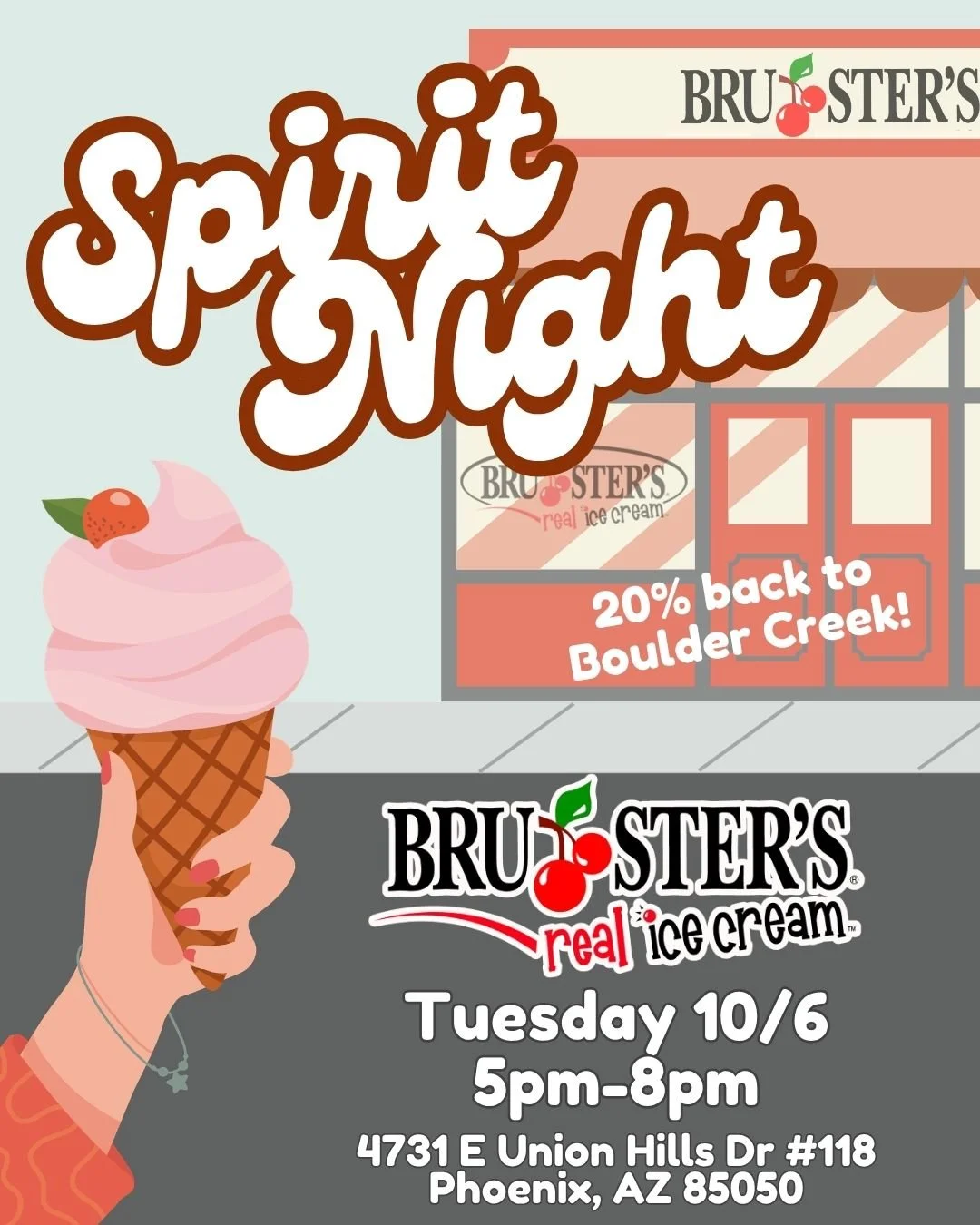 🍦 Spirit Night is next Tuesday, and it&rsquo;s going to be EXTRA sweet! Join us at @brustersnorthphoenix from 5&ndash;8 PM for ice cream scooped by some of your favorite Boulder Creek teachers! 💙🍨

🍦 Who&rsquo;s scooping and when?

5&ndash;5:30 P