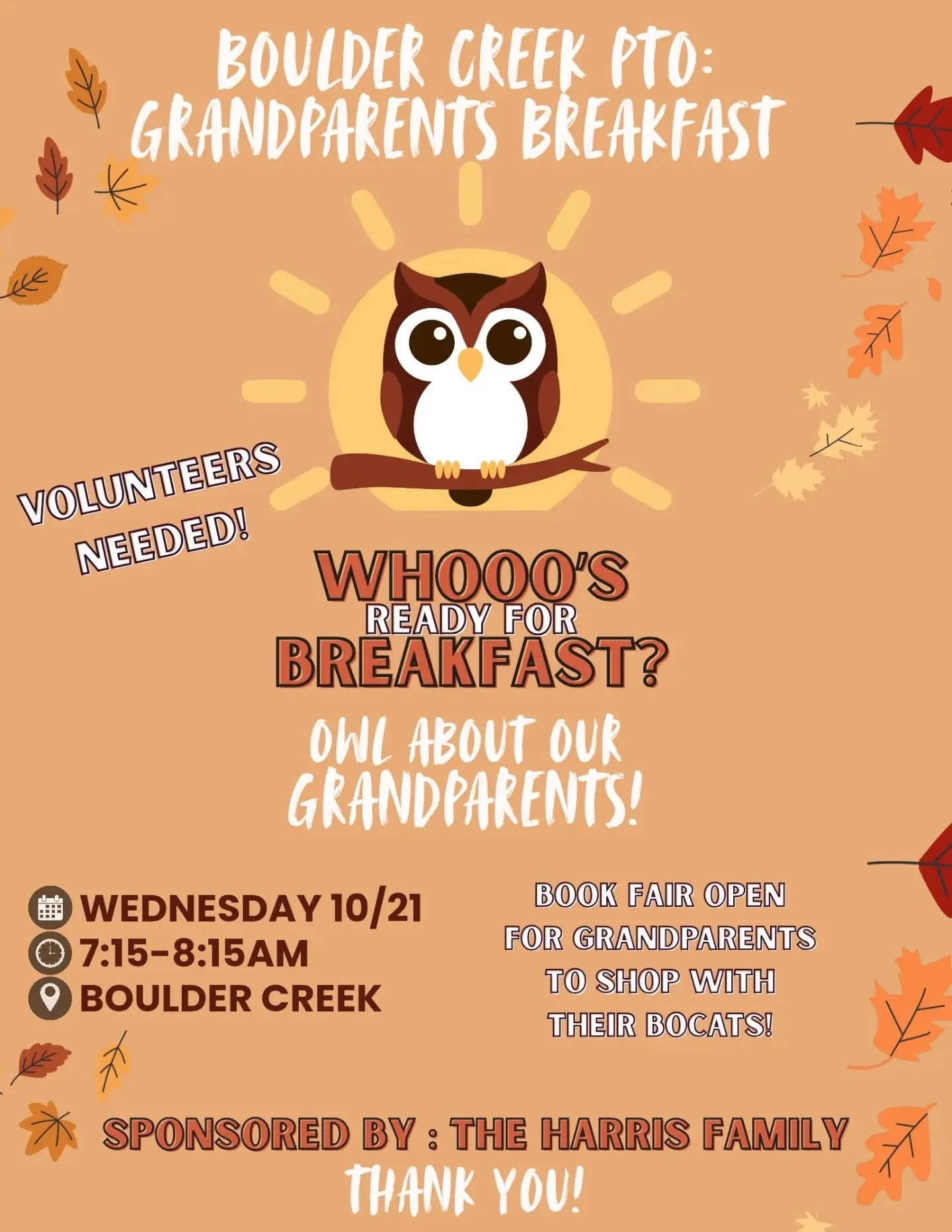 We&rsquo;re excited to welcome our Bobcat grandparents for a special morning together! 
📅 October 21
⏰ 7:15&ndash;8:15 AM
 And the fun doesn&rsquo;t stop at breakfast! The Book Fair will be open, so grandparents can shop for a new favorite book with