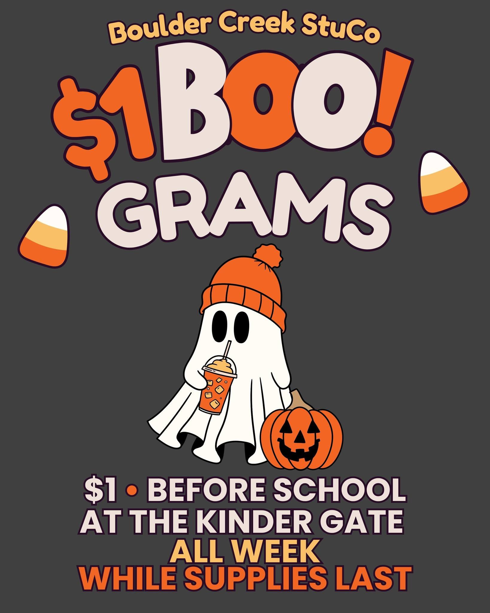 Get into the spooooky spirit with BC StuCo Boo Grams! 🧡

$1 each &bull; Before school all week! (while supplies last)