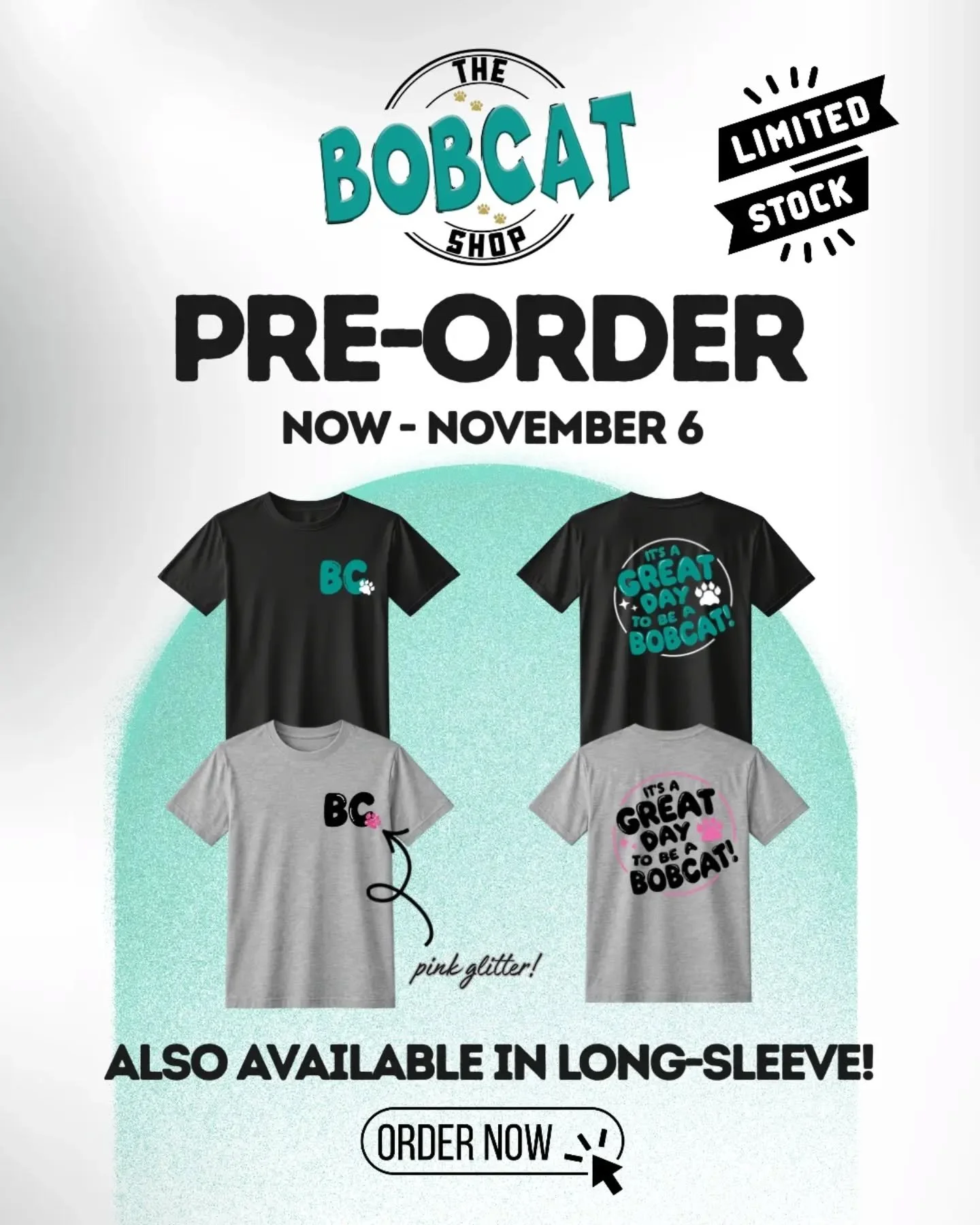 🐾 New Drop at The Bobcat Shop! 🐾
Show your Bobcat pride with our brand-new &ldquo;It&rsquo;s a Great Day to Be a Bobcat!&rdquo; tees! Available in youth and adult sizes, short or long-sleeve. 💙🖤💗
📅 Pre-orders are open now through November 6 ⚠️ 