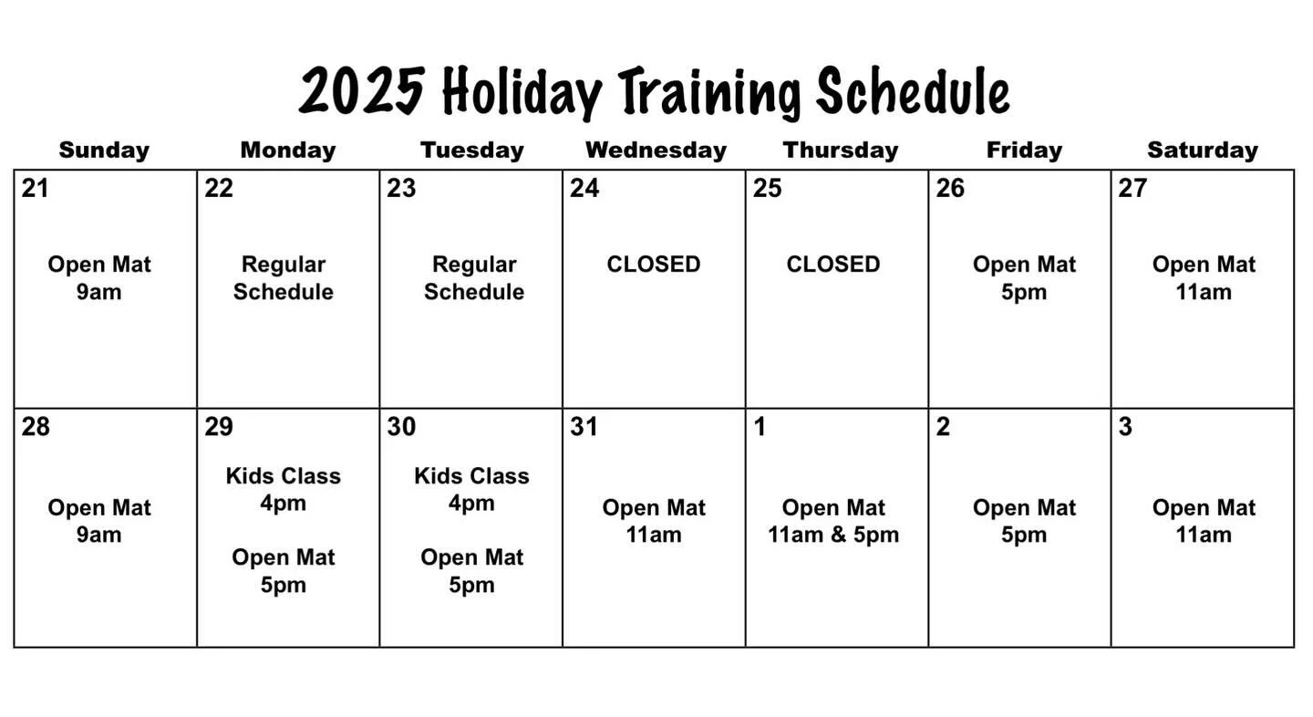 Bookmark this! It&rsquo;s our official Holiday Training schedule. As usual, let us know if you want to train during other hours and we&rsquo;ll post to let everyone know!