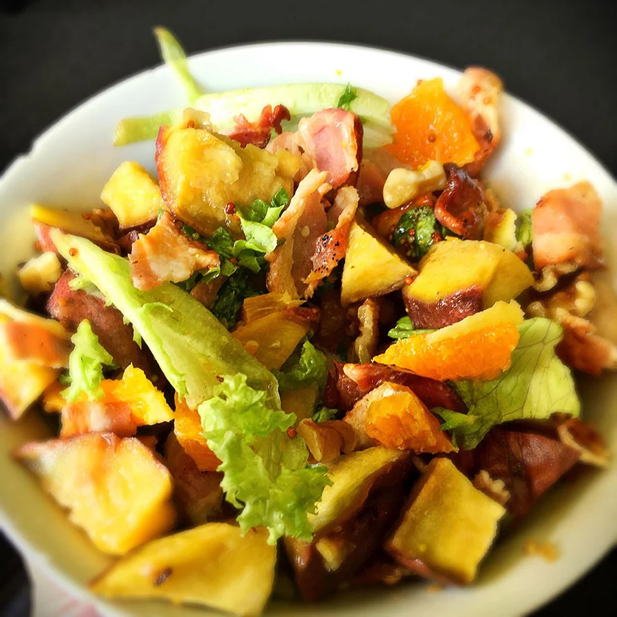 Honey-roasted Kumara, Orange, Walnut, Bacon and Rocket Salad