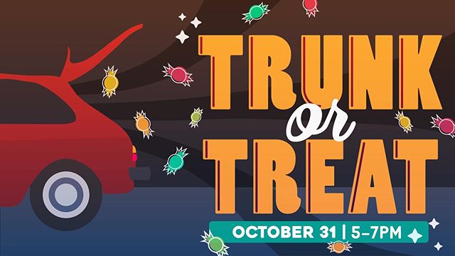 Join us for trunk or treat! Thursday, October 31, from 5 to 7 PM! Every child will receive a massive amount of candy!