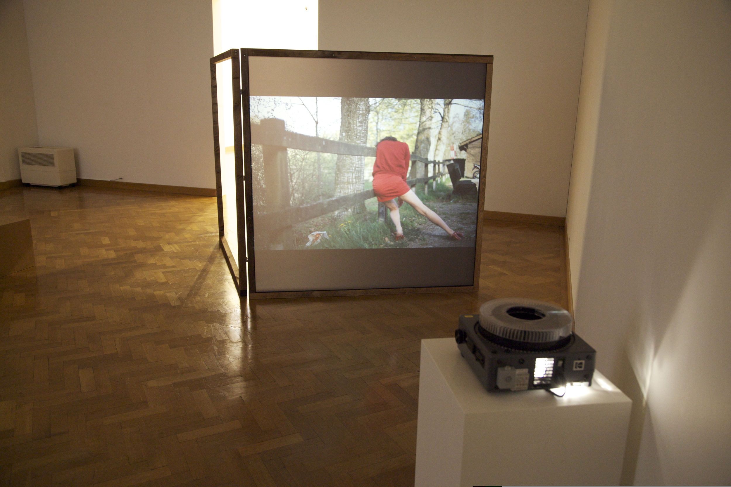 Anne Sylvie Henchoz, Conversation entre masses II, 2012, installation view, projection of slides on both sides screen, wooden structure of 186 x 186 cm. Exhibition view Accrochage vaud 13, Musée des B eaux-Arts, Lausanne, 2013.