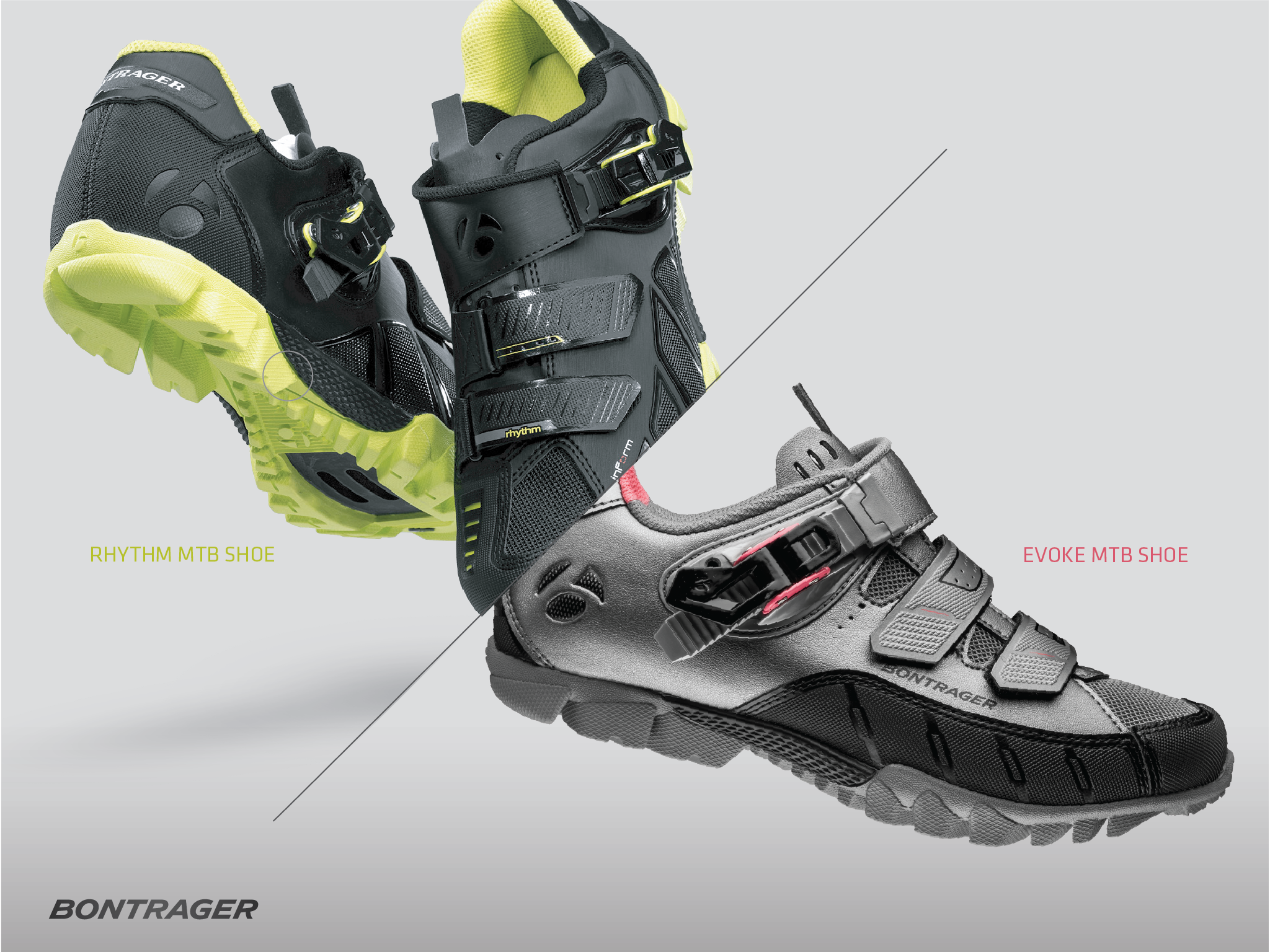 The Rhythm bottom unit/outsole was created for the rapidly evolving mountain bike rider that demands uncompromising grip & performance on and off the bike. Working with pro riders and enthusiasts we created a lightweight and fast design that paired a stiff composite plate with high-traction Tachyon rubber outsole. Important design considerations were maximum pedal contact balanced with minimal lightweight rubber and stiff/fast narrow base with maximum dirt and rocks traction.