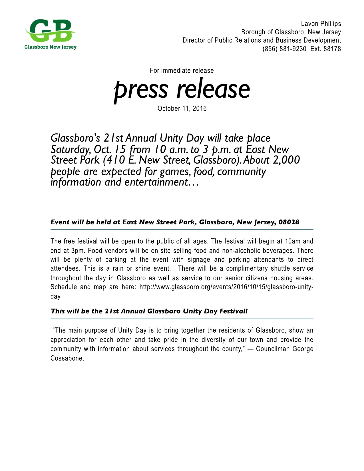 Glassboro's 21st Annual Unity Day will take place Saturday, Oct.