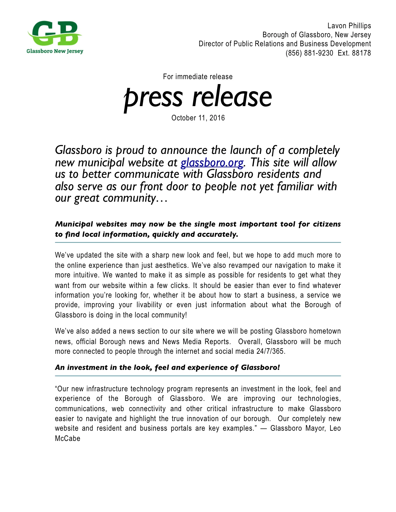 Glassboro is proud to announce the launch of a completely new municipal website at glassboro.org.