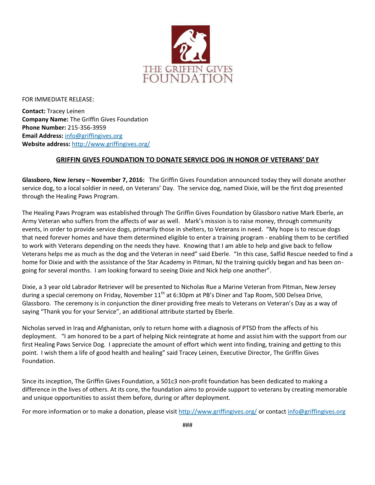 Dixie, a 3 year old Labrador Retriever will be presented to Nicholas Rue a Marine Veteran from Pitman, New Jersey during a special ceremony.