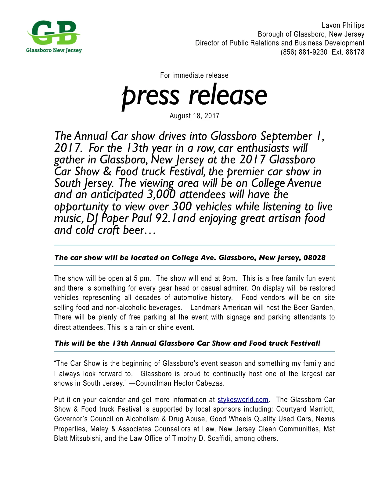 For the 13th year in a row, car enthusiasts will gather in Glassboro, New Jersey at the 2017 Glassboro Car Show & Food truck Festival, the premier car show in South Jersey.