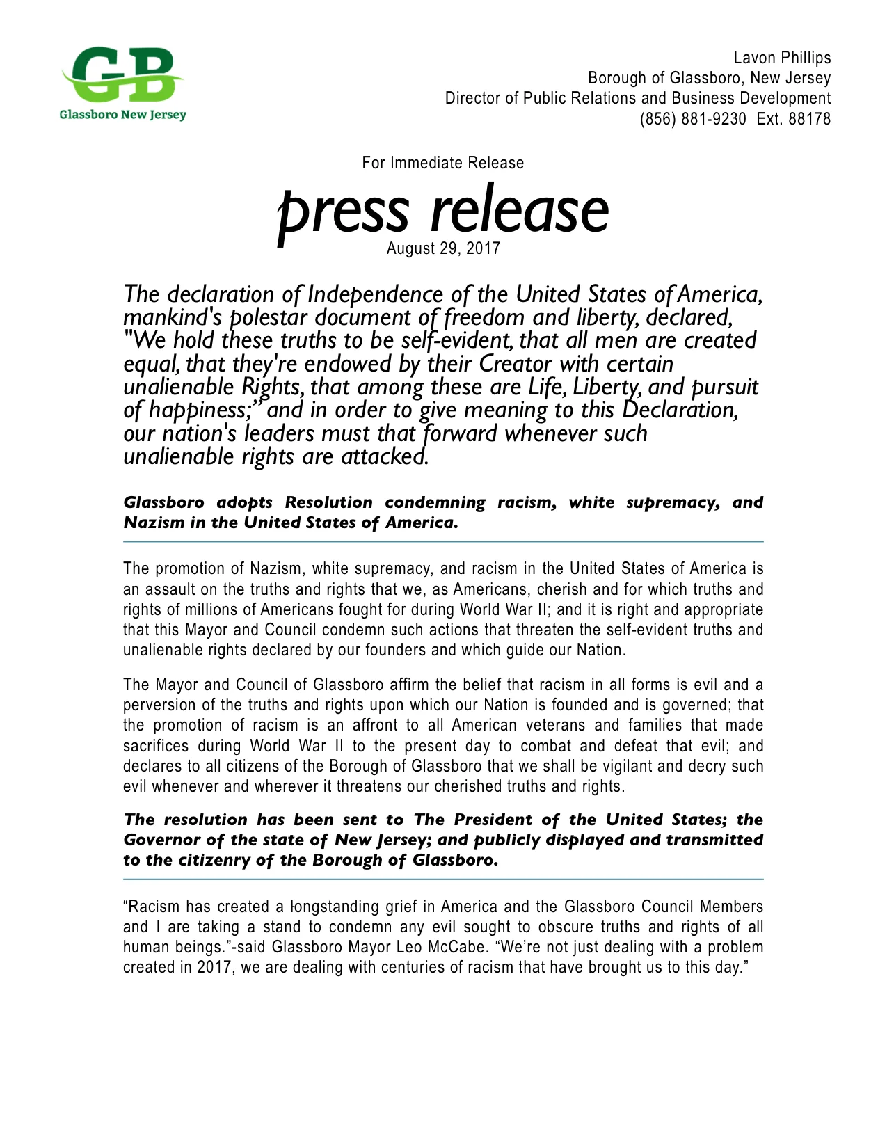 Glassboro adopts Resolution condemning racism, white supremacy, and Nazism in the United States of America.