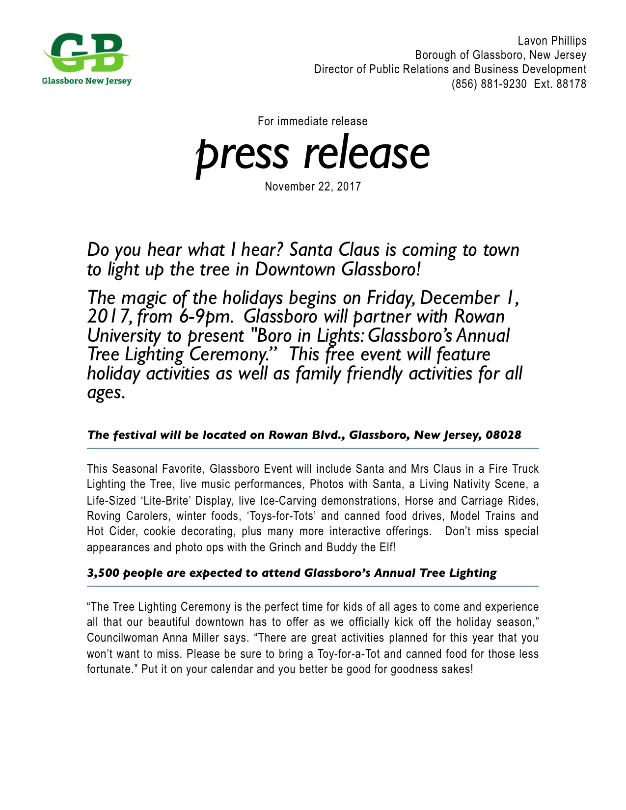 Do you hear what I hear? Santa Claus is coming to town to light up the tree in Downtown Glassboro!