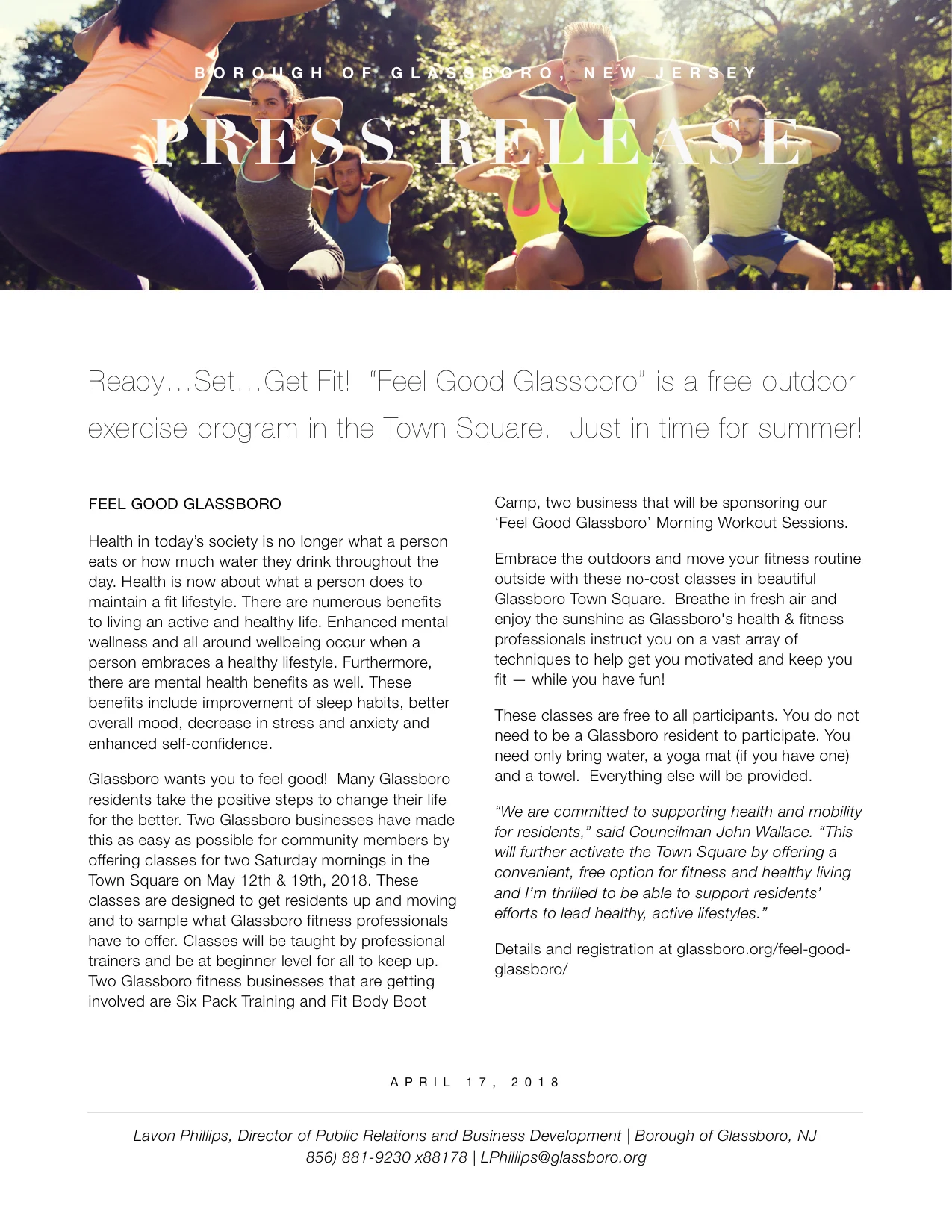Ready...Set...Get Fit! “Feel Good Glassboro” is a free outdoor exercise program in the Town Square. Just in time for summer! 