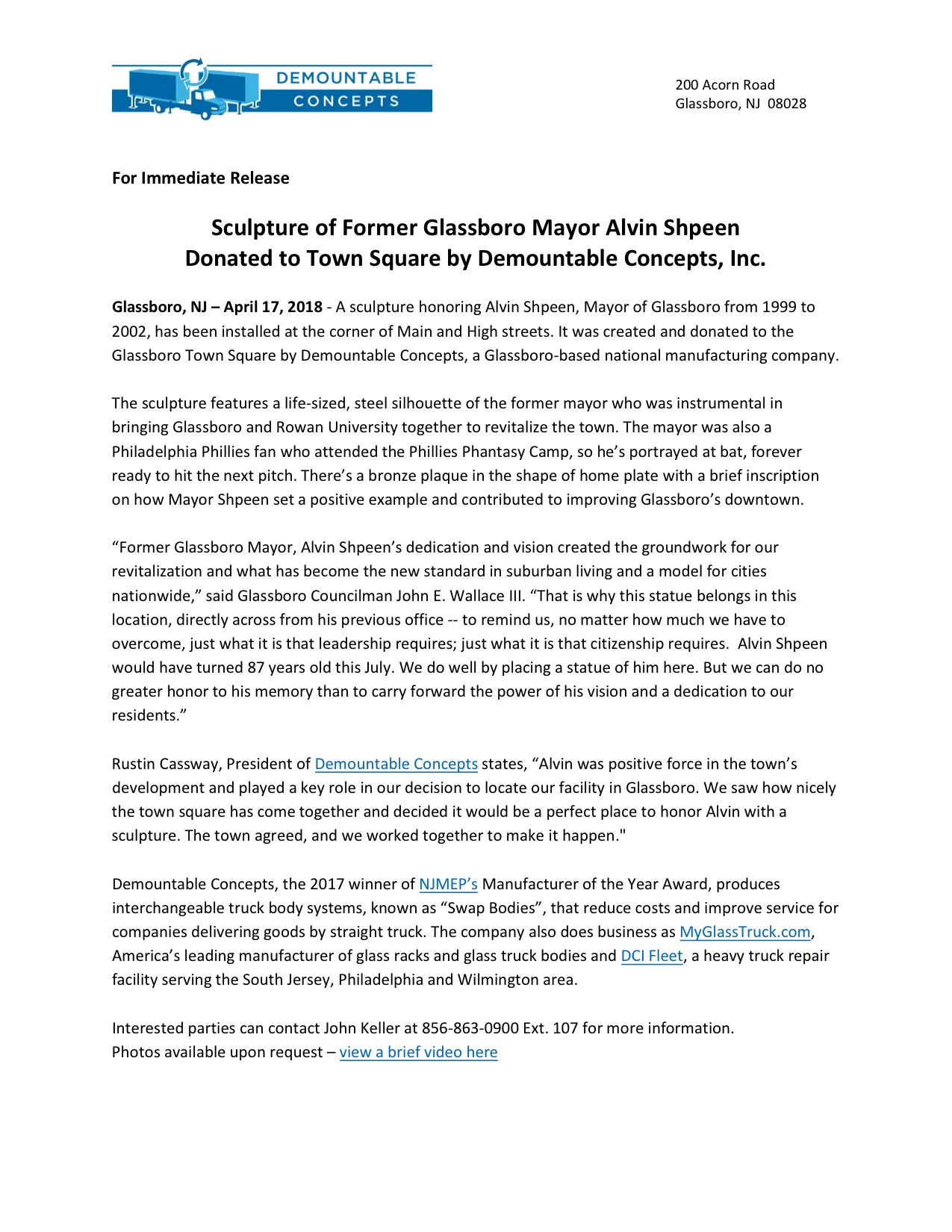 Sculpture of Former Glassboro Mayor Alvin Shpeen Donated to Town Square by Demountable Concepts, Inc