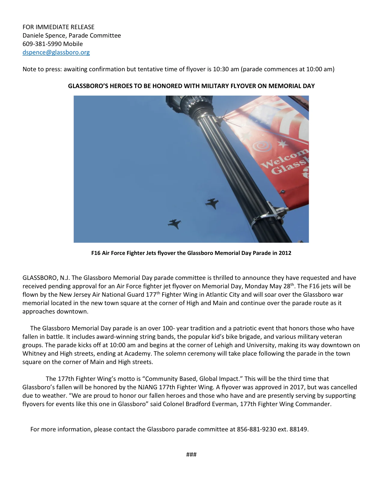 Glassboro's Heroes to be honored with Military flyover on Memorial Day