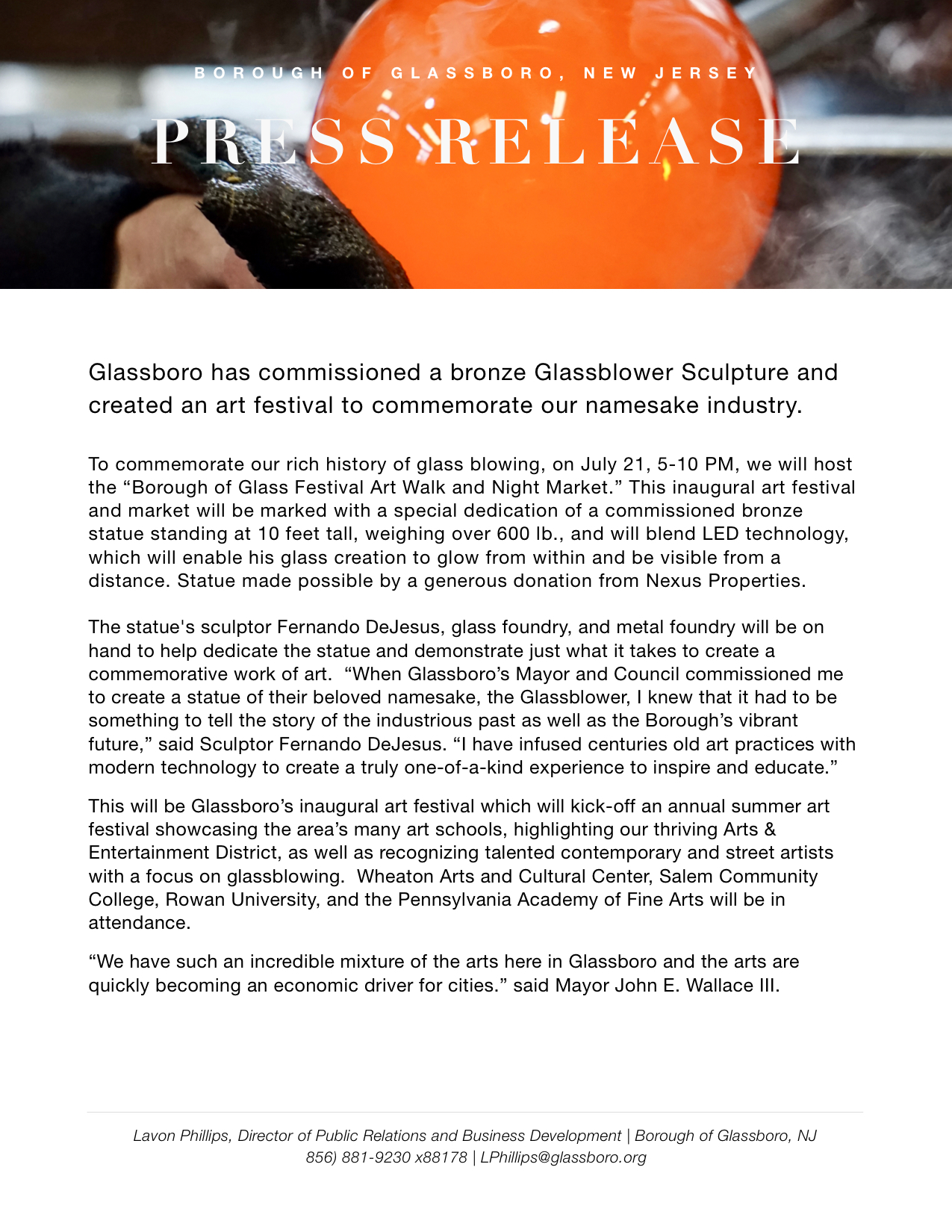 Glassboro has commissioned a bronze Glassblower Sculpture and created an art festival to commemorate our namesake industry.
