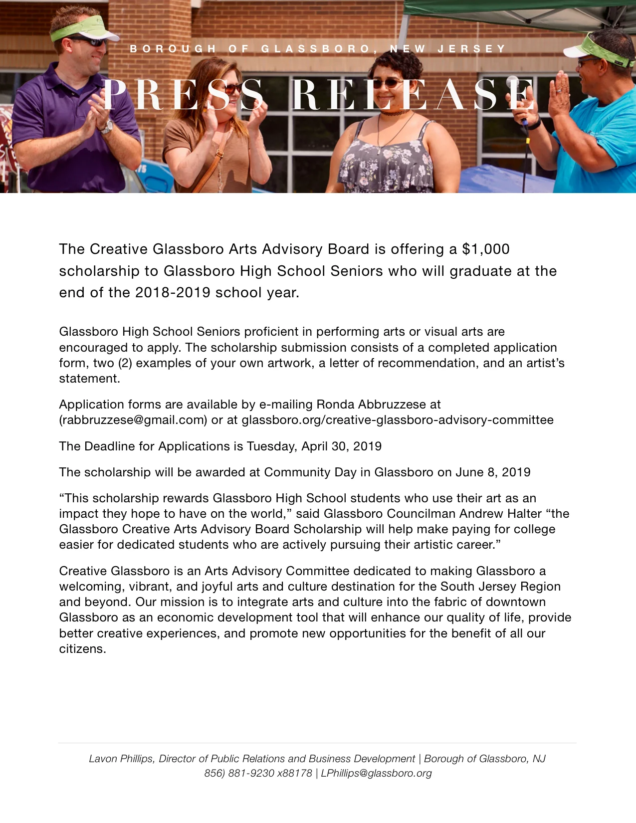 Glassboro NJ Press Release Creative Glassboro offers scholarship.jpeg