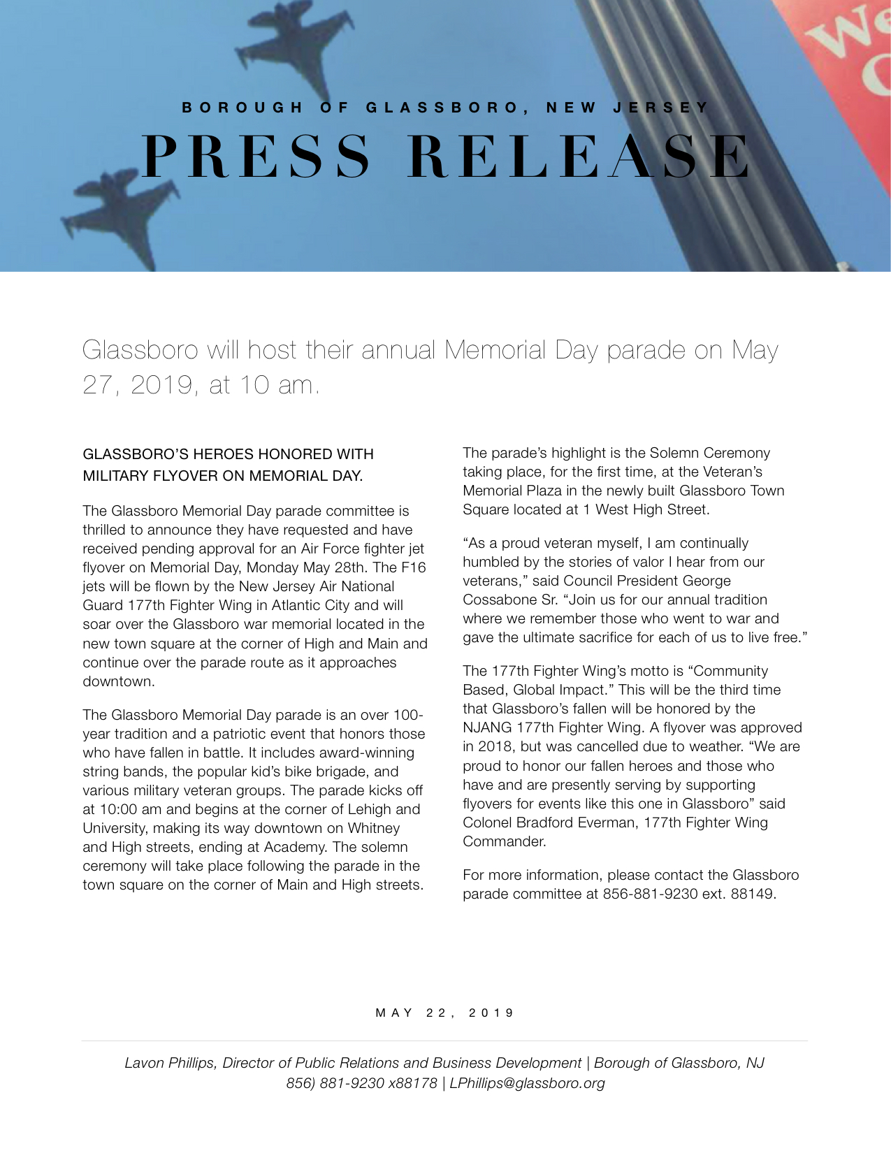 Glassboro will host their annual Memorial Day parade on May 27, 2019, at 10 am. 