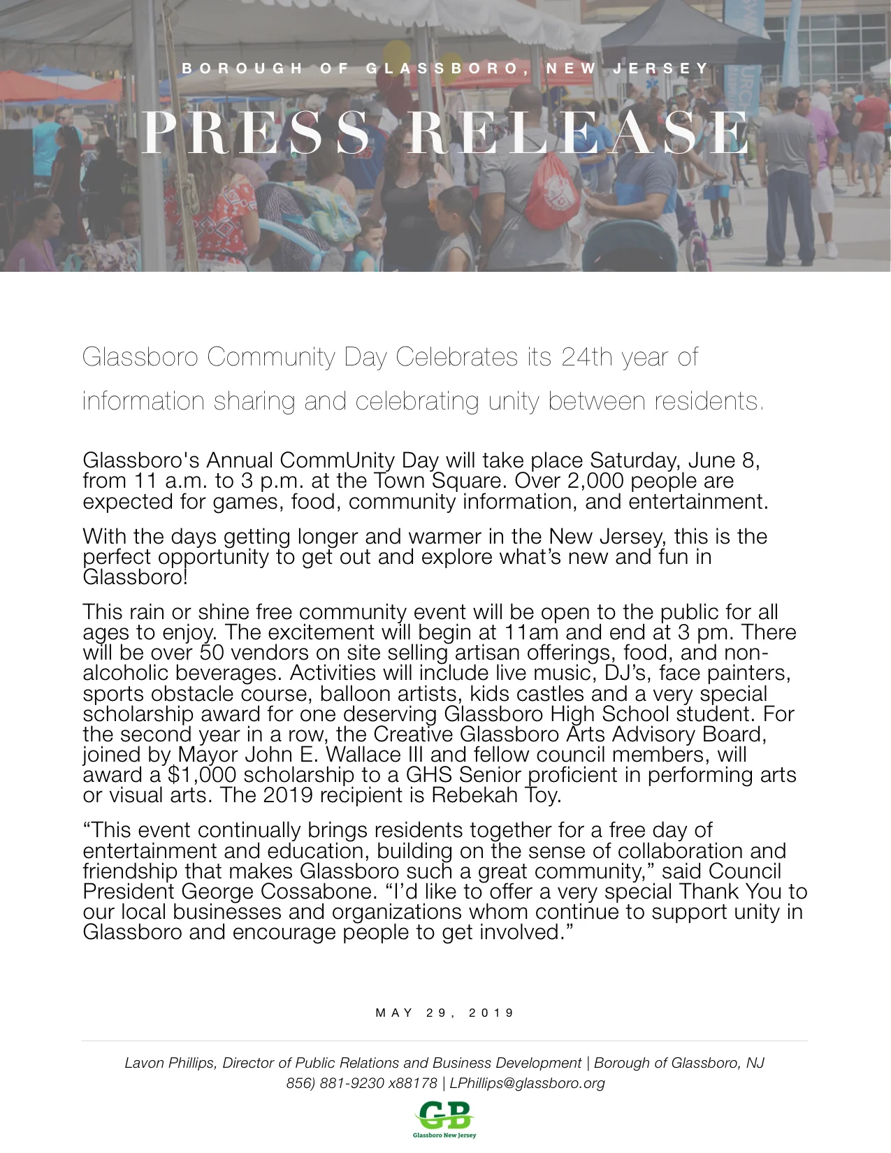 Glassboro's Annual CommUnity Day will take place Saturday, June 8, from 11 a.m. to 3 p.m. at the Town Square. Over 2,000 people are expected for games, food, community information, and entertainment.