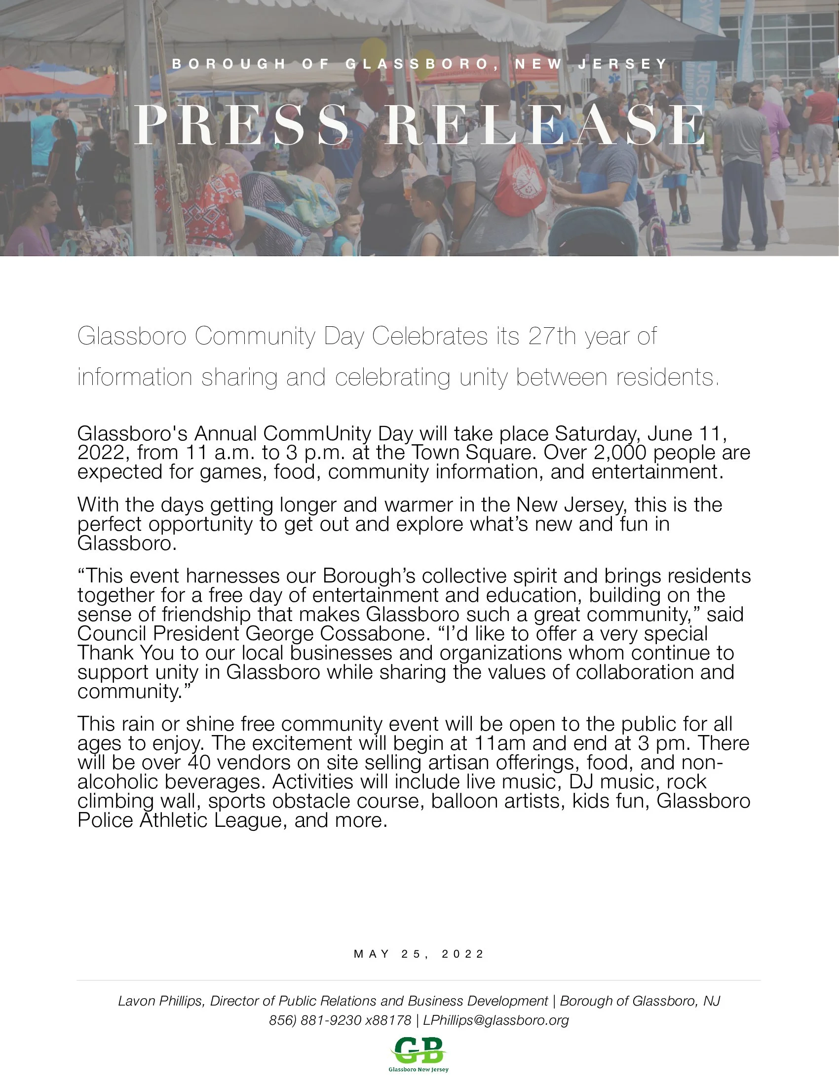 Glassboro Community Day Celebrates its 27th year of information sharing and celebrating unity between residents.