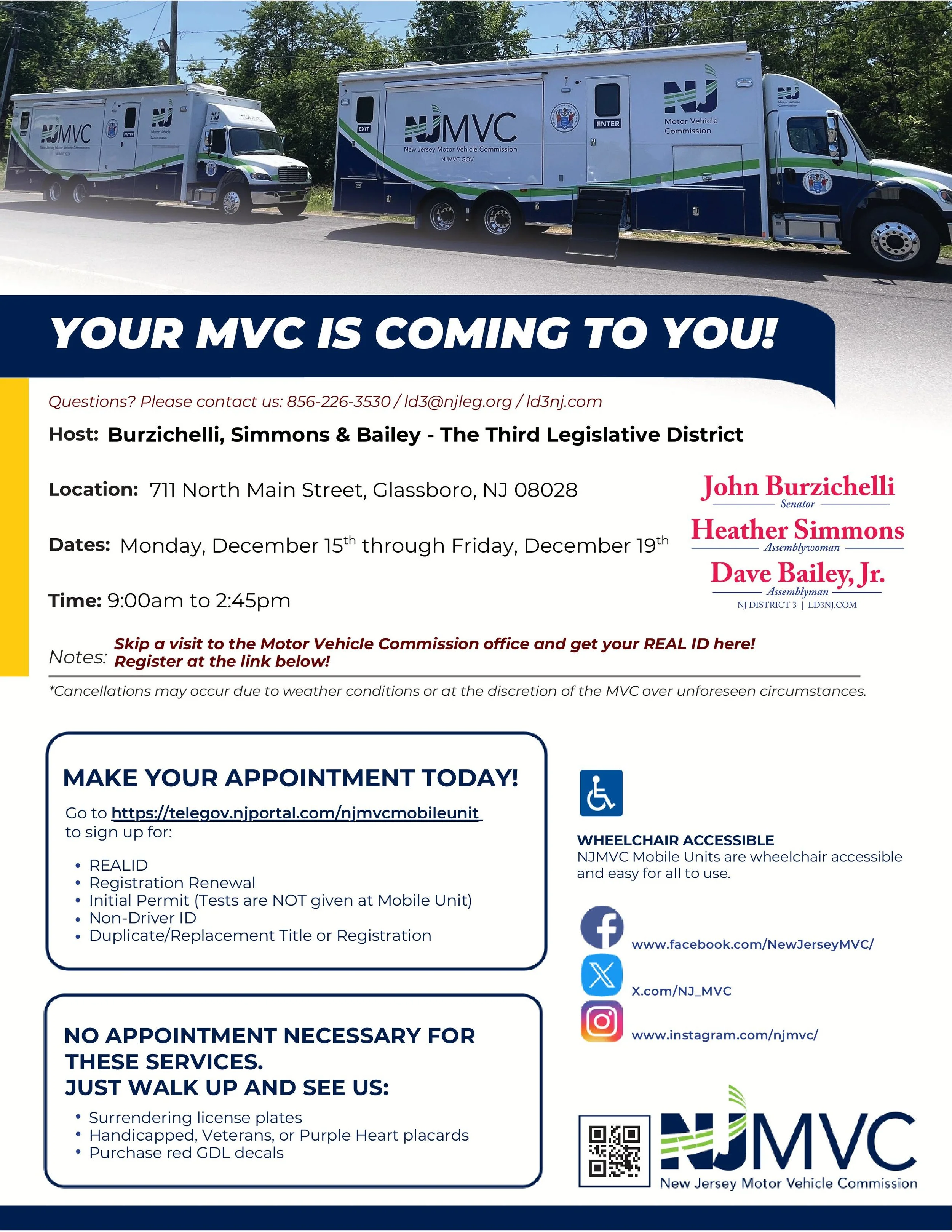 NJ MVC December 15th to December 19th at the 3rd Legislative District