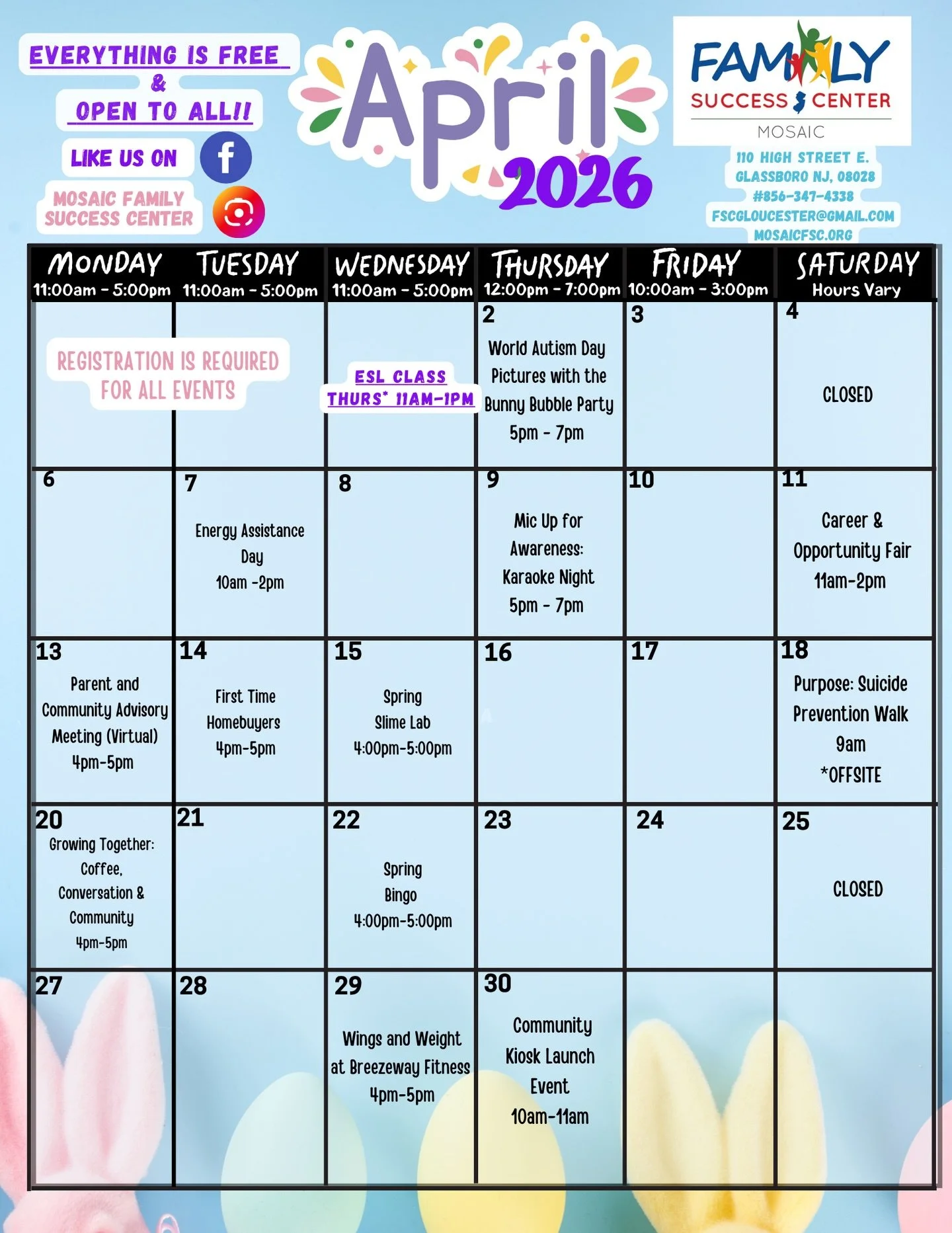 April Mosaic Family Success Events Calendar 