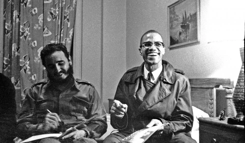 Fidel Castro and Malcolm X at Harlem's Hotel Theresa in 1960.