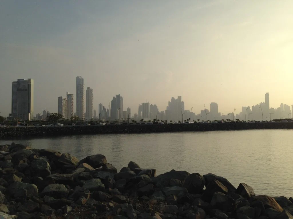 Early morning view of the Panama City skyline from the Casco Viejo neighborhood located on the other side of the Bahia de Panama
