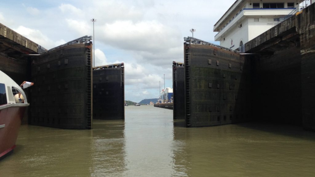 A fish eye view of the Miraflores locks that open to the Pacific Ocean