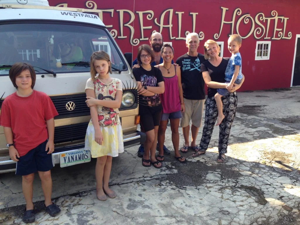 J, Emilia, Coconut, me, R, Matt, Michelle and Matty at the Waterfall Hostal in David, Panama.