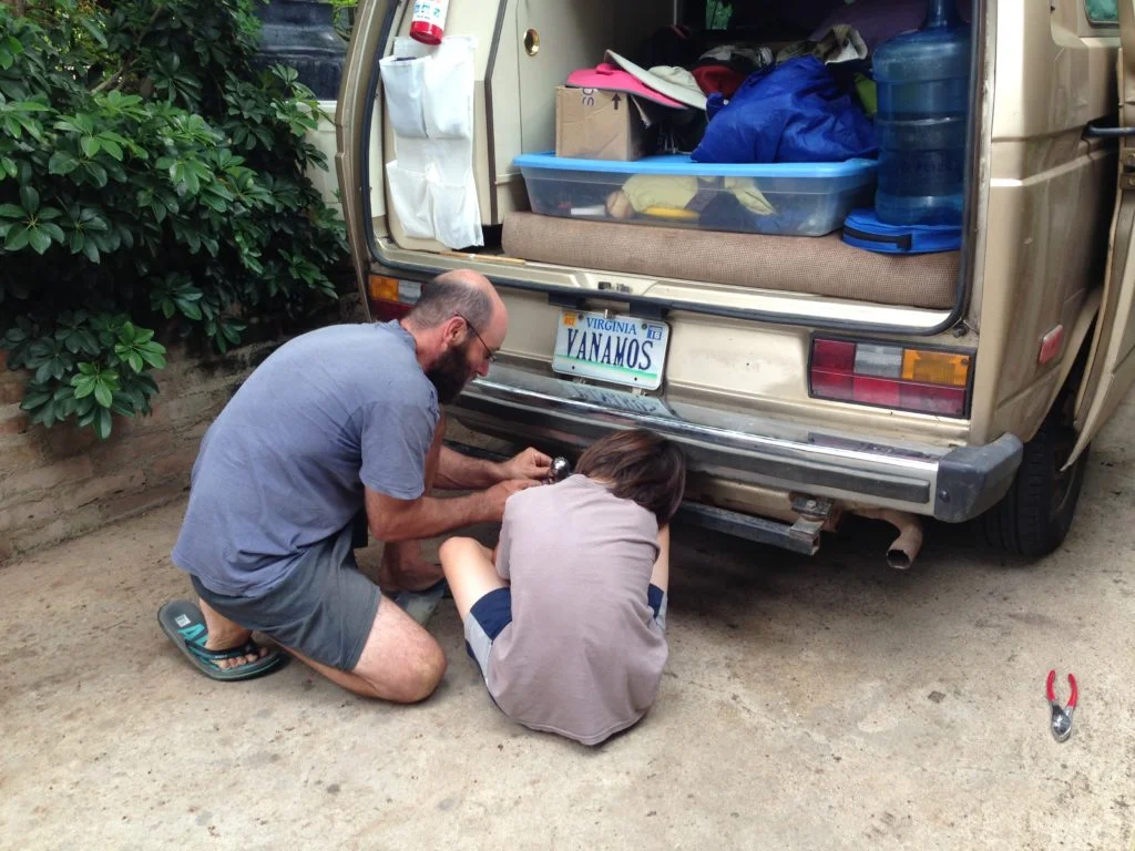 Rather than rappel in the canyon, J and I did some work on Wesley. The 31-year old muffler bracket has rusted through so we had to rig a wire to hold the muffler in place until we can get to a repair shop.